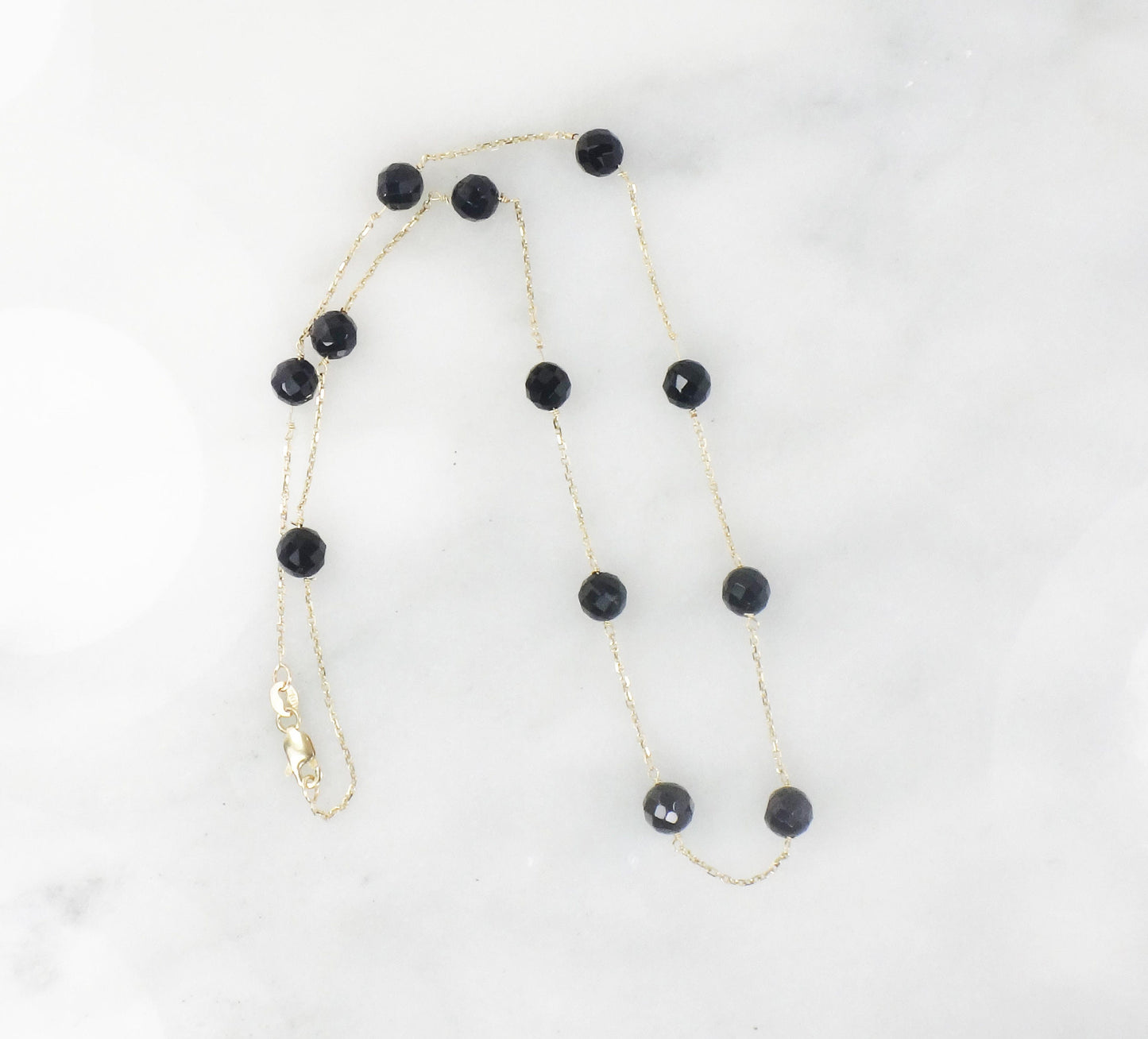 Vintage 14k Yellow Gold Black Onyx Bead and Link Necklace 16" Choker Station Necklace