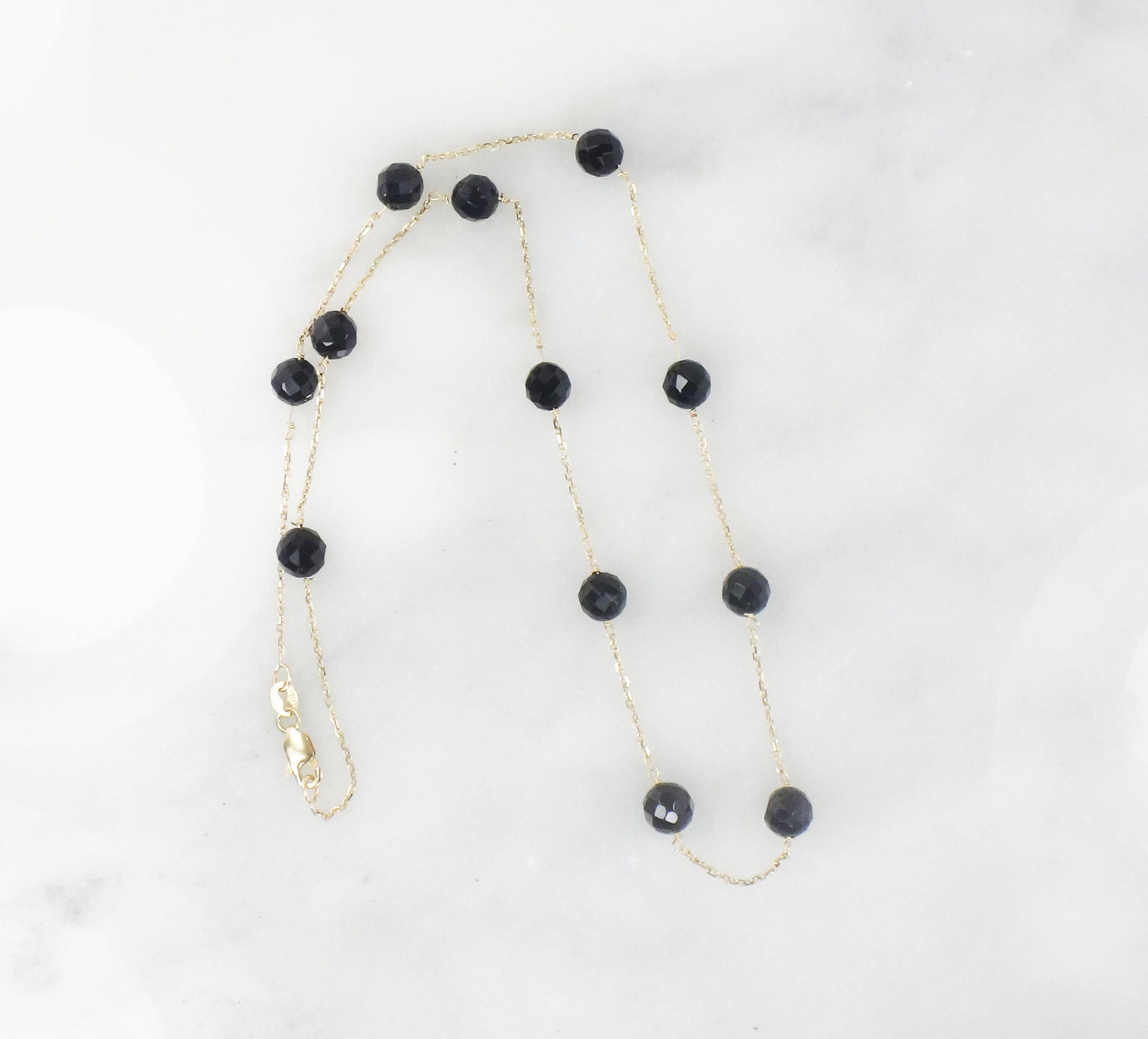 Vintage 14k Yellow Gold Black Onyx Bead and Link Necklace 16" Choker Station Necklace