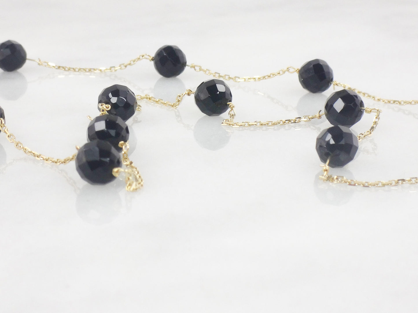 Vintage 14k Yellow Gold Black Onyx Bead and Link Necklace 16" Choker Station Necklace