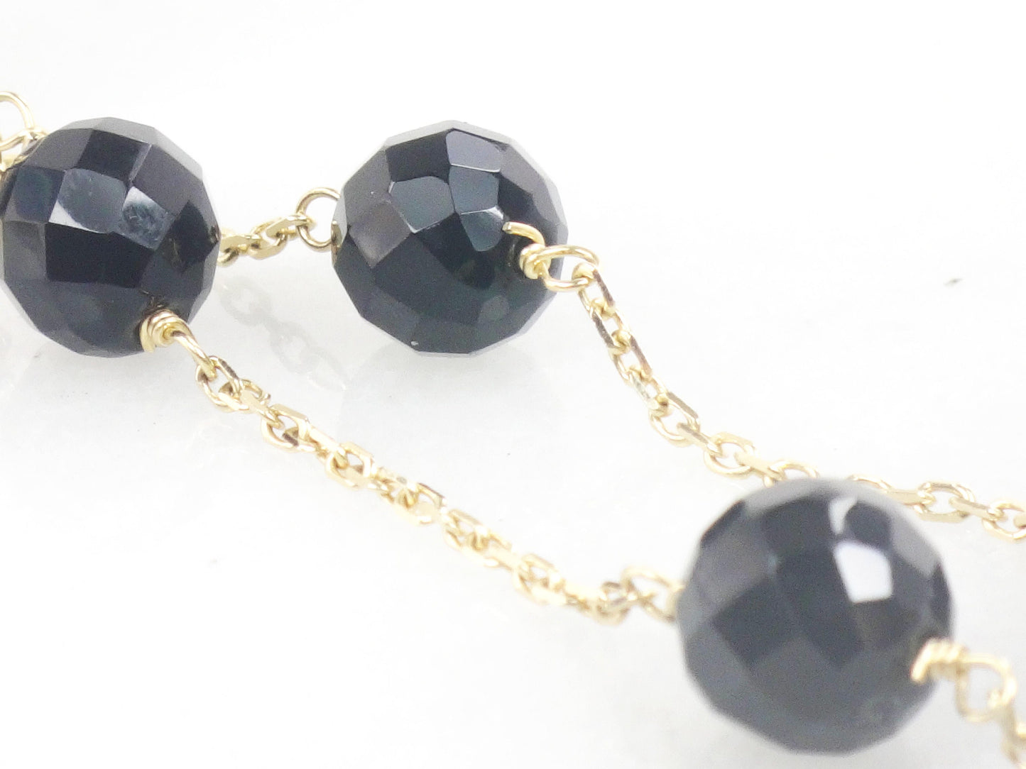 Vintage 14k Yellow Gold Black Onyx Bead and Link Necklace 16" Choker Station Necklace