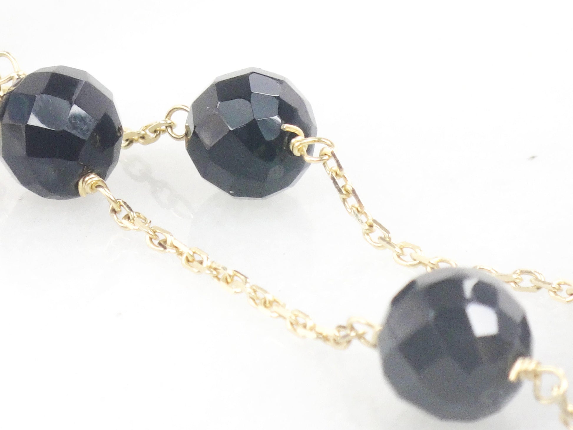 Vintage 14k Yellow Gold Black Onyx Bead and Link Necklace 16" Choker Station Necklace