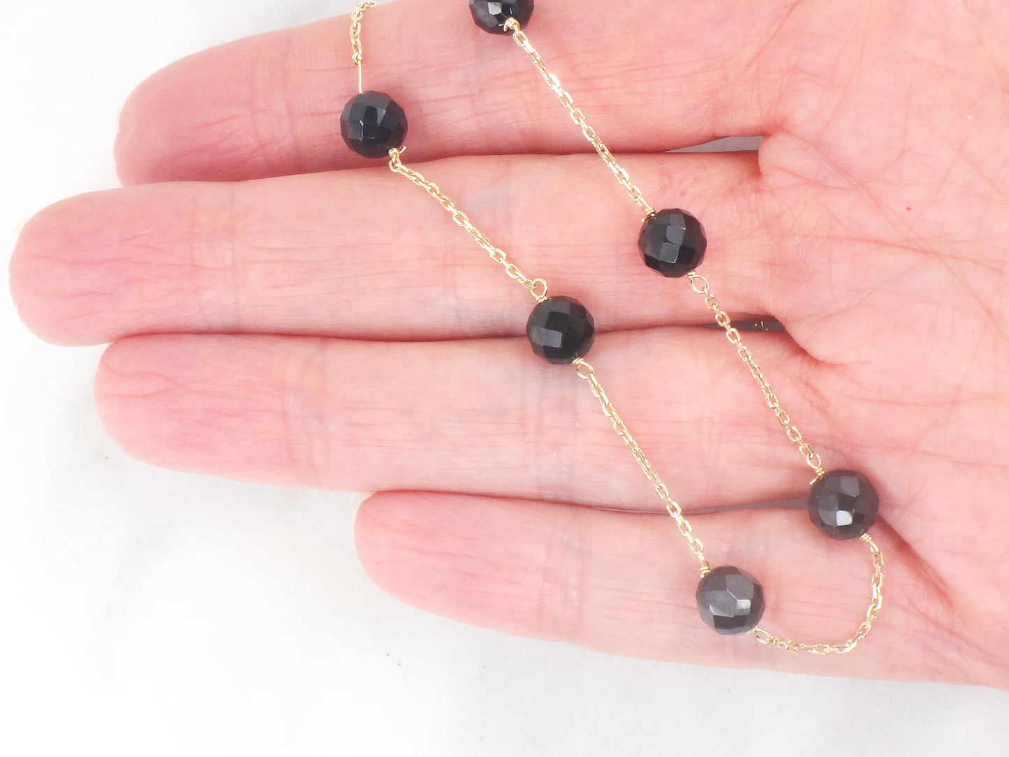 Vintage 14k Yellow Gold Black Onyx Bead and Link Necklace 16" Choker Station Necklace