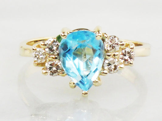 Vintage 14k Yellow Gold Blue Topaz and Natural Diamond Ring, December Birthstone Size 5