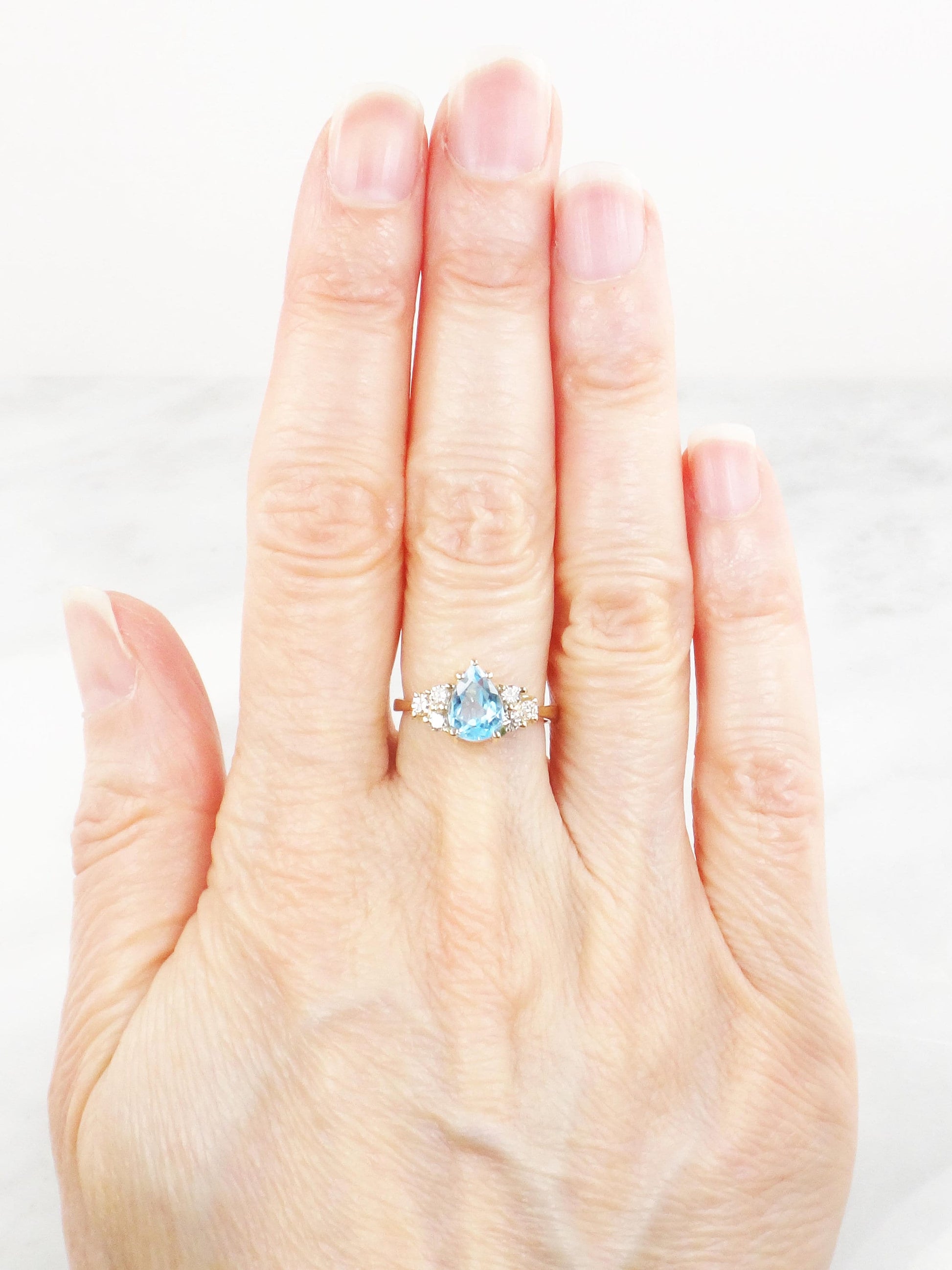 Vintage 14k Yellow Gold Blue Topaz and Natural Diamond Ring, December Birthstone Size 5