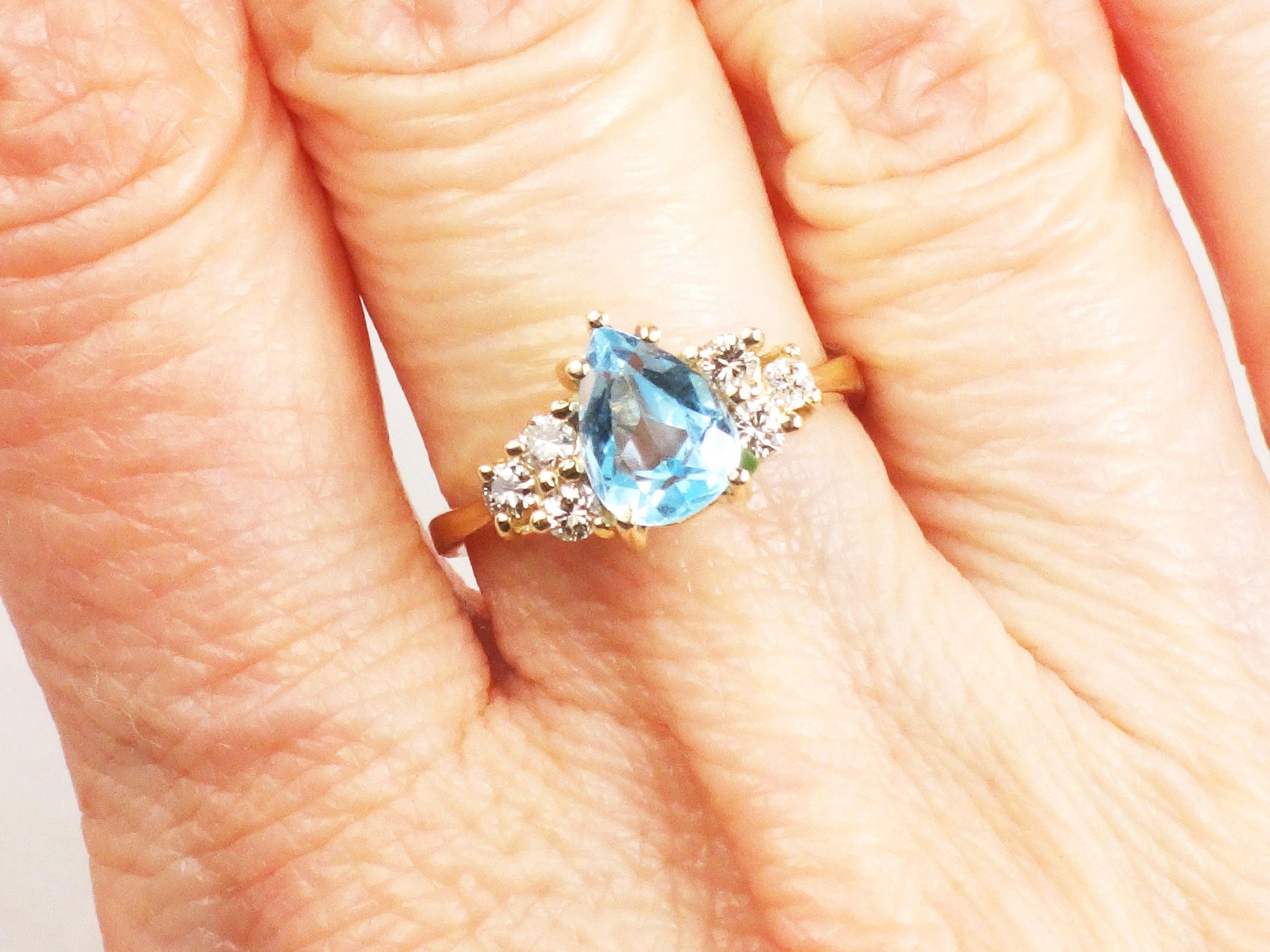 Vintage 14k Yellow Gold Blue Topaz and Natural Diamond Ring, December Birthstone Size 5