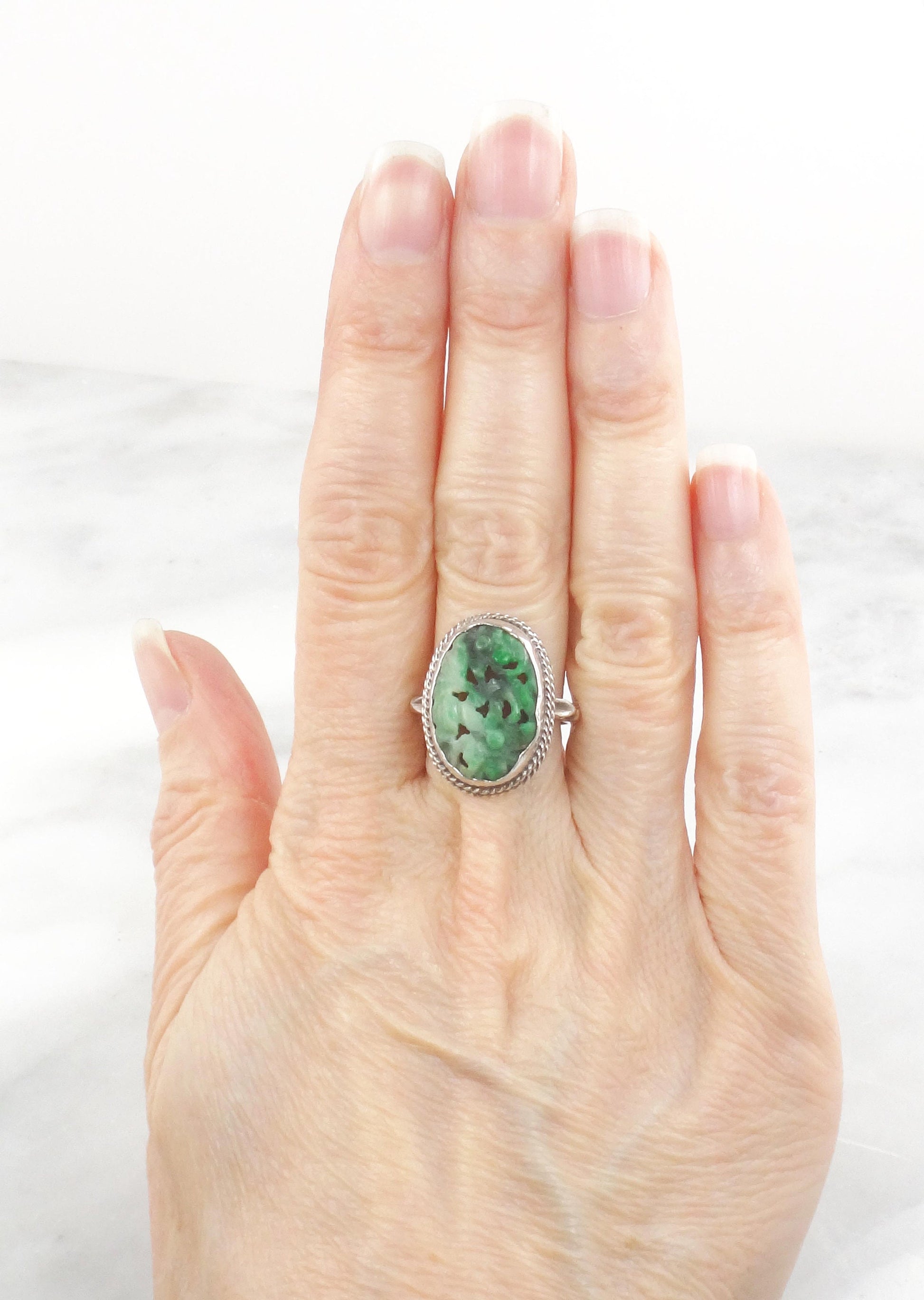 Vintage Carved Jade Ring: Sterling Silver Floral Jadeite, Size 5 3/4