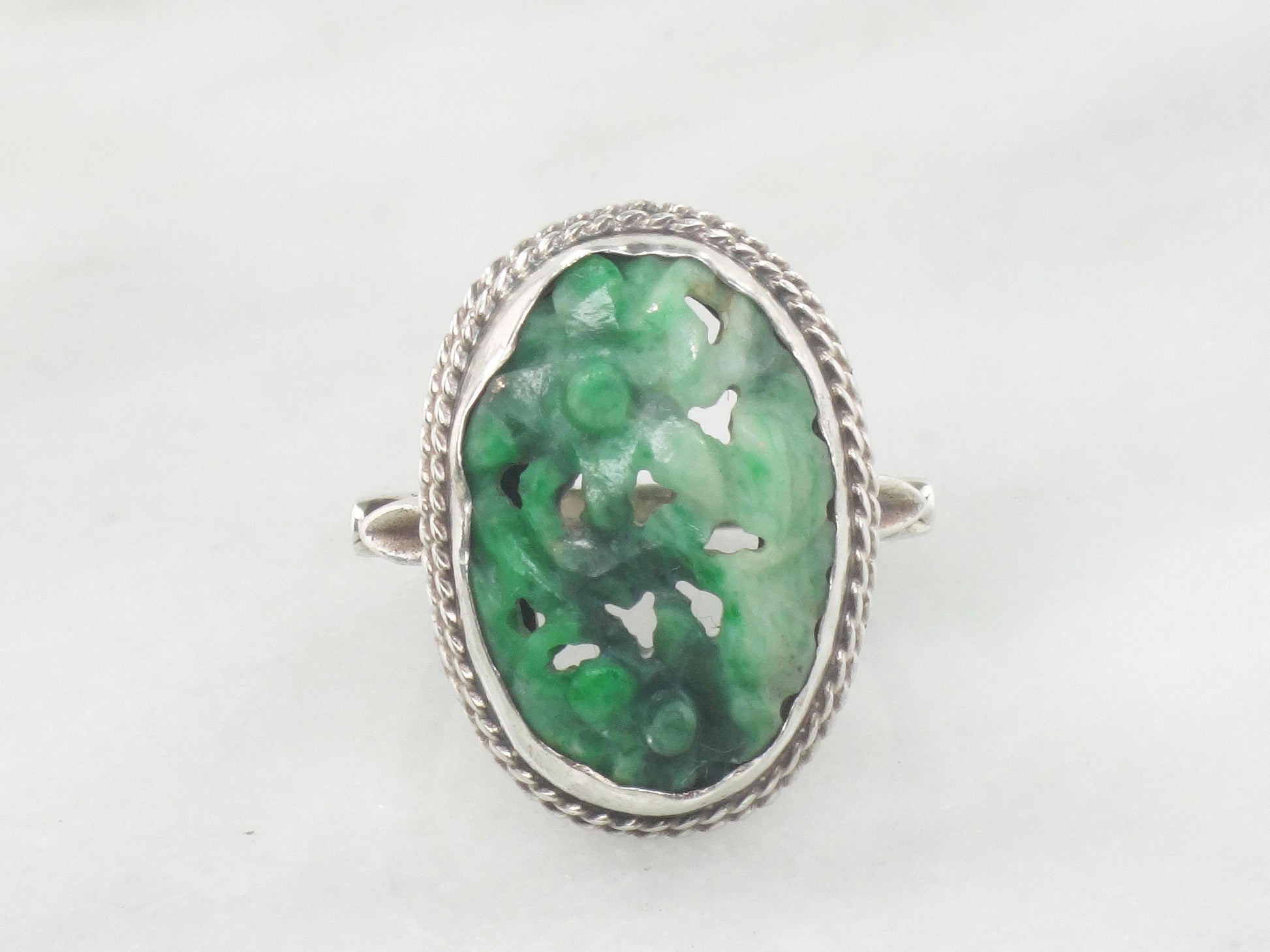 Vintage Carved Jade Ring: Sterling Silver Floral Jadeite, Size 5 3/4