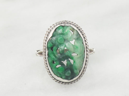 Vintage Carved Jade Ring: Sterling Silver Floral Jadeite, Size 5 3/4