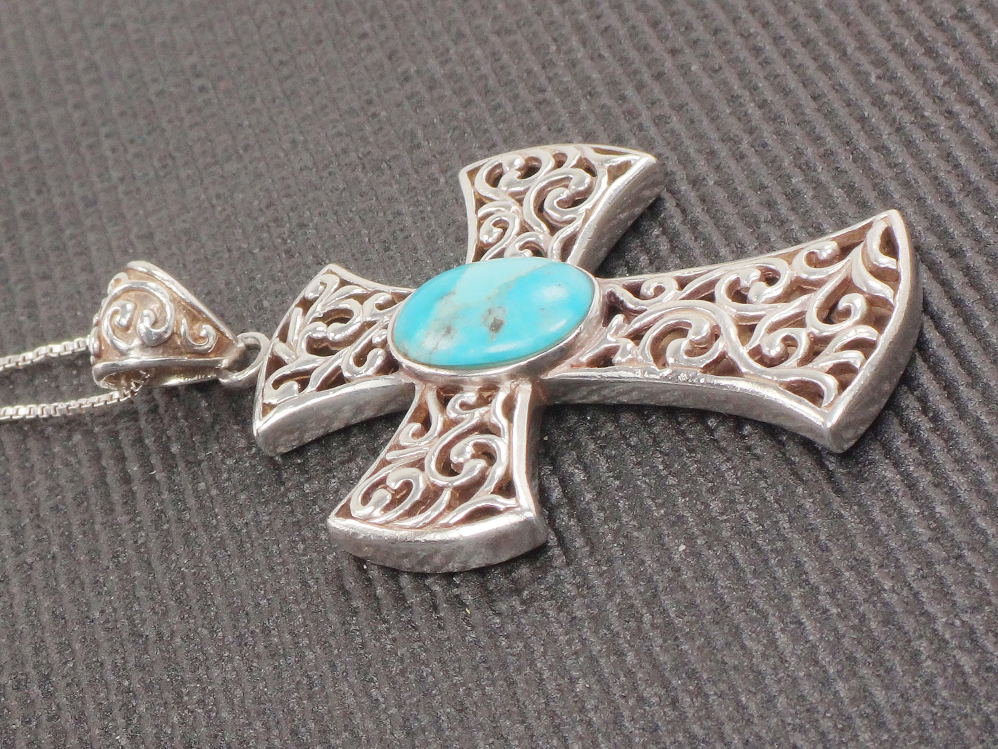 Vintage Sterling Silver Turquoise Cross Pendant Necklace - 18.5" Chain