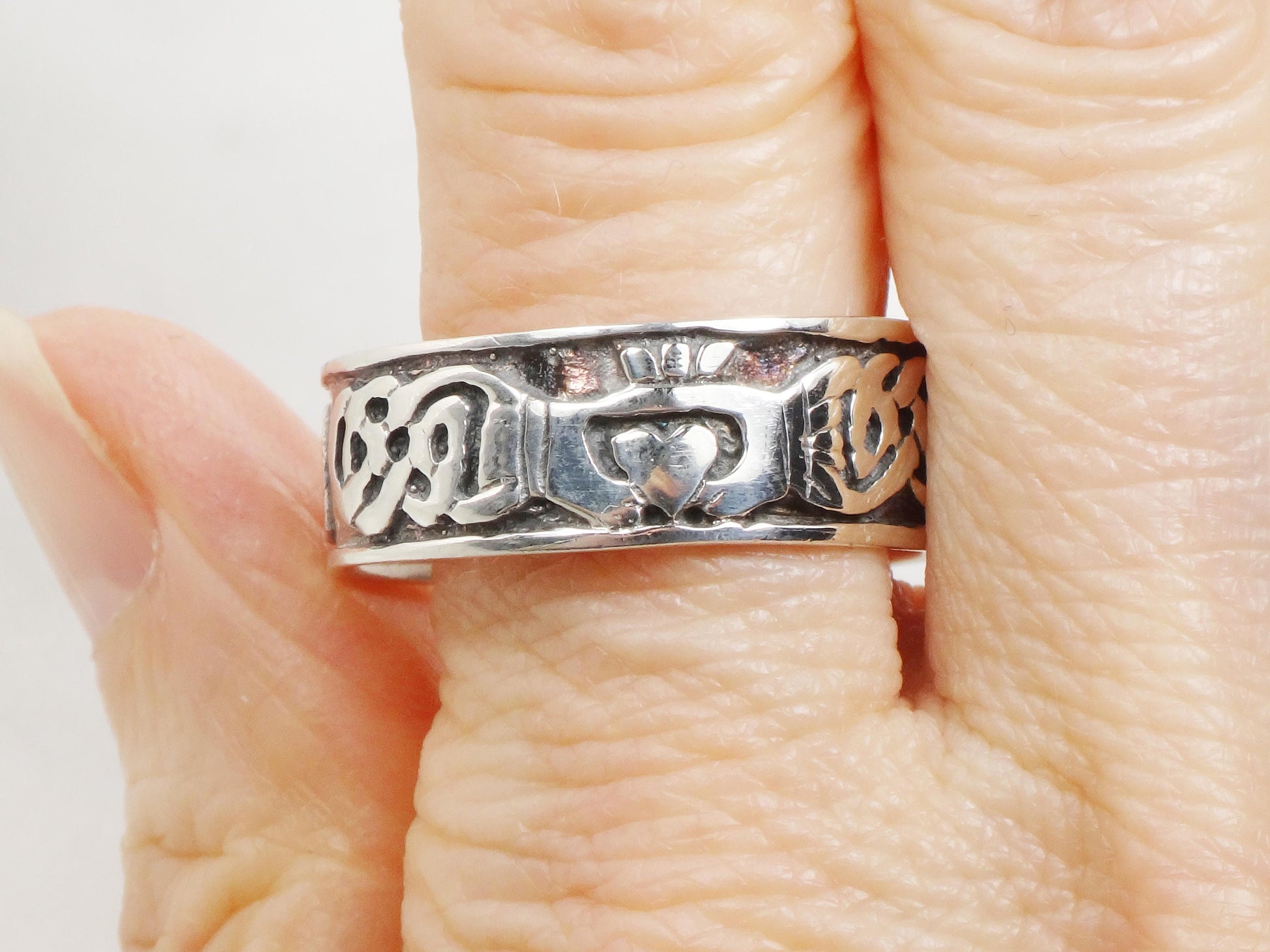 Vintage Sterling Silver Claddagh Ring Band - Irish Celtic Knot, Size 12