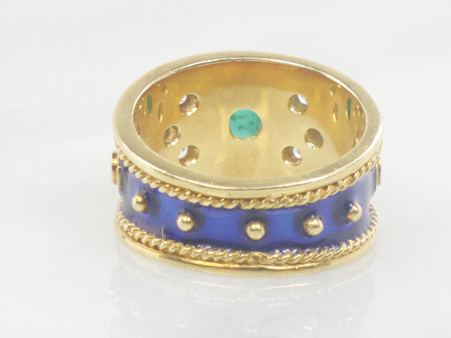 Vintage 18k Yellow Gold Natural Emerald and Diamond Ring, Wide Emerald Cigar Band Ring, Size 6.5