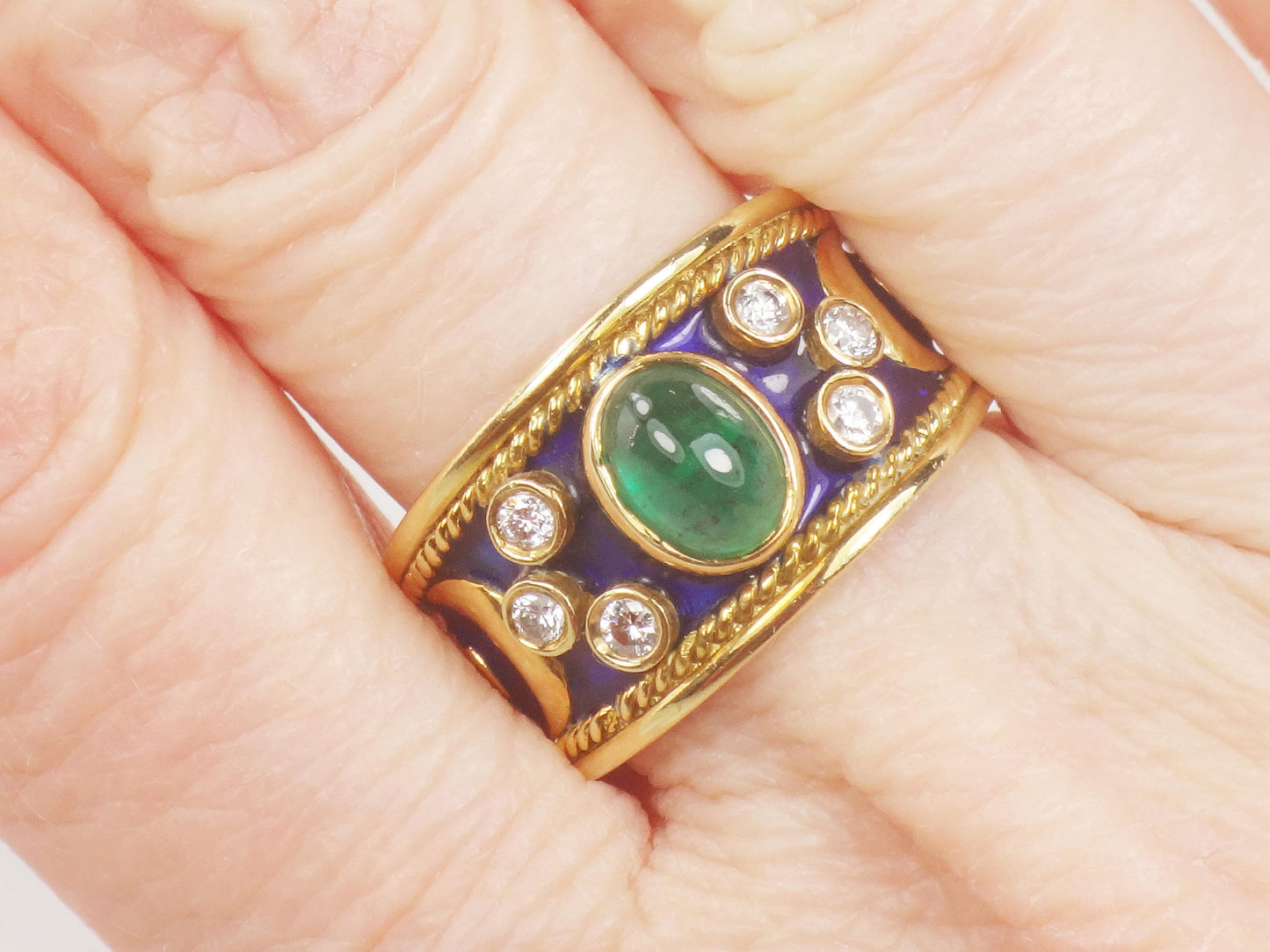 Vintage 18k Yellow Gold Natural Emerald and Diamond Ring, Wide Emerald Cigar Band Ring, Size 6.5