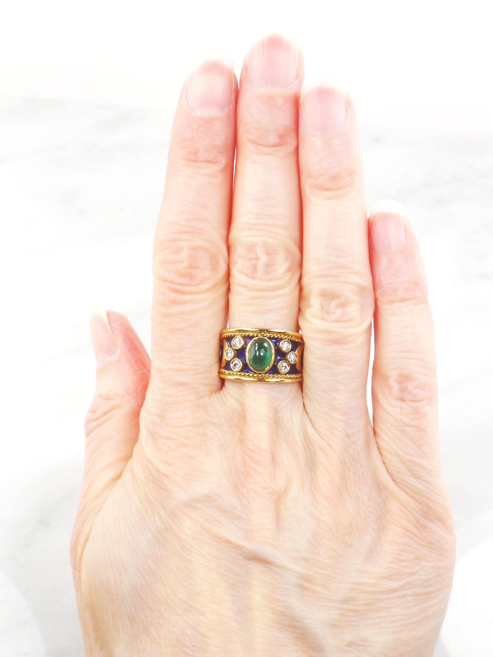 Vintage 18k Yellow Gold Natural Emerald and Diamond Ring, Wide Emerald Cigar Band Ring, Size 6.5