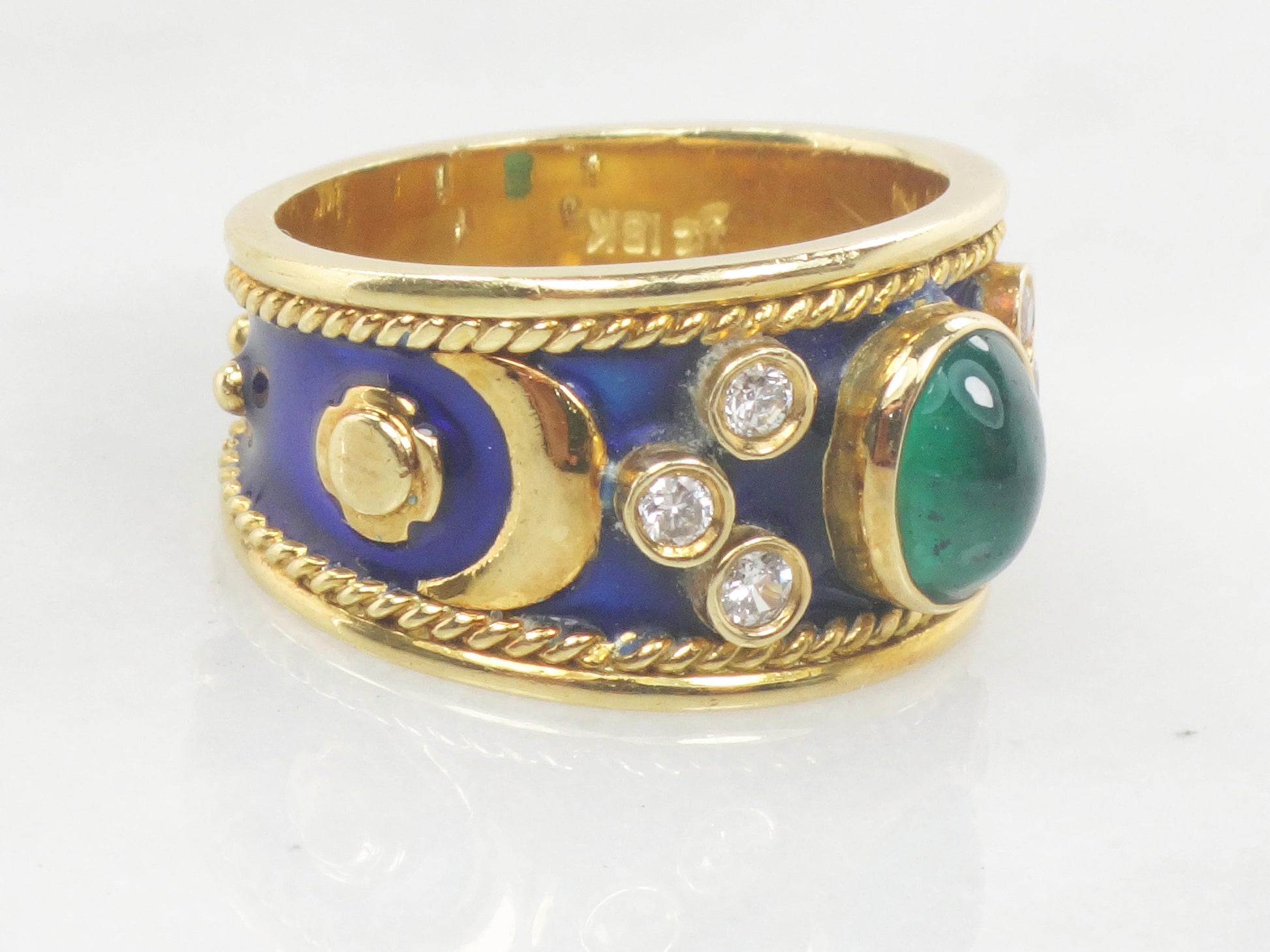 Vintage 18k Yellow Gold Natural Emerald and Diamond Ring, Wide Emerald Cigar Band Ring, Size 6.5