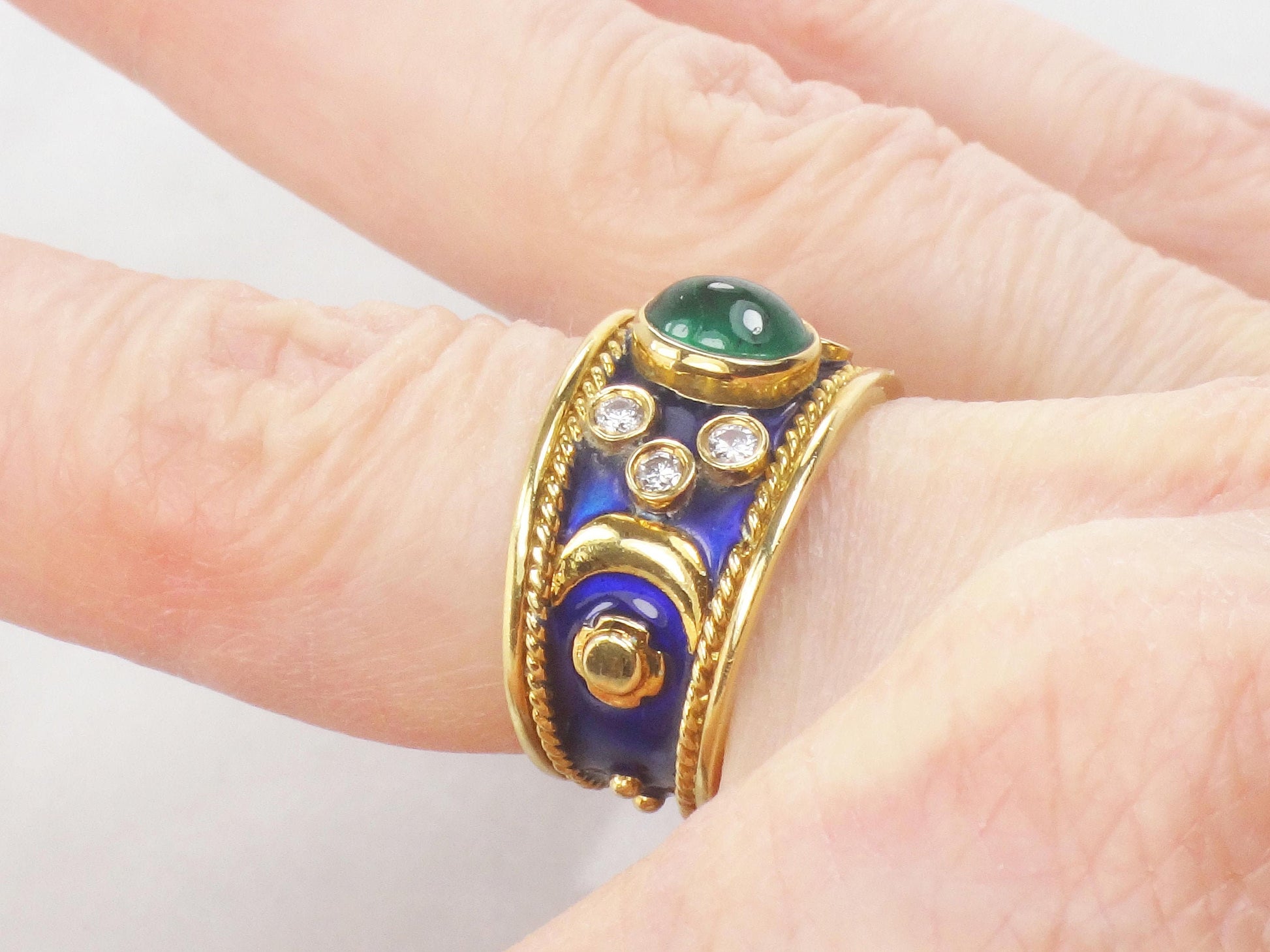 Vintage 18k Yellow Gold Natural Emerald and Diamond Ring, Wide Emerald Cigar Band Ring, Size 6.5