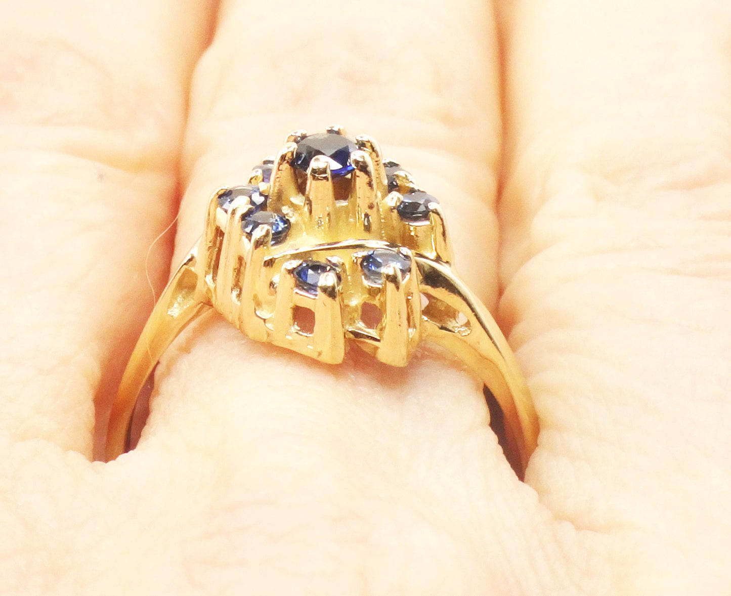 Vintage 14k Yellow Gold London Blue Topaz Cluster Ring - Size 8.5