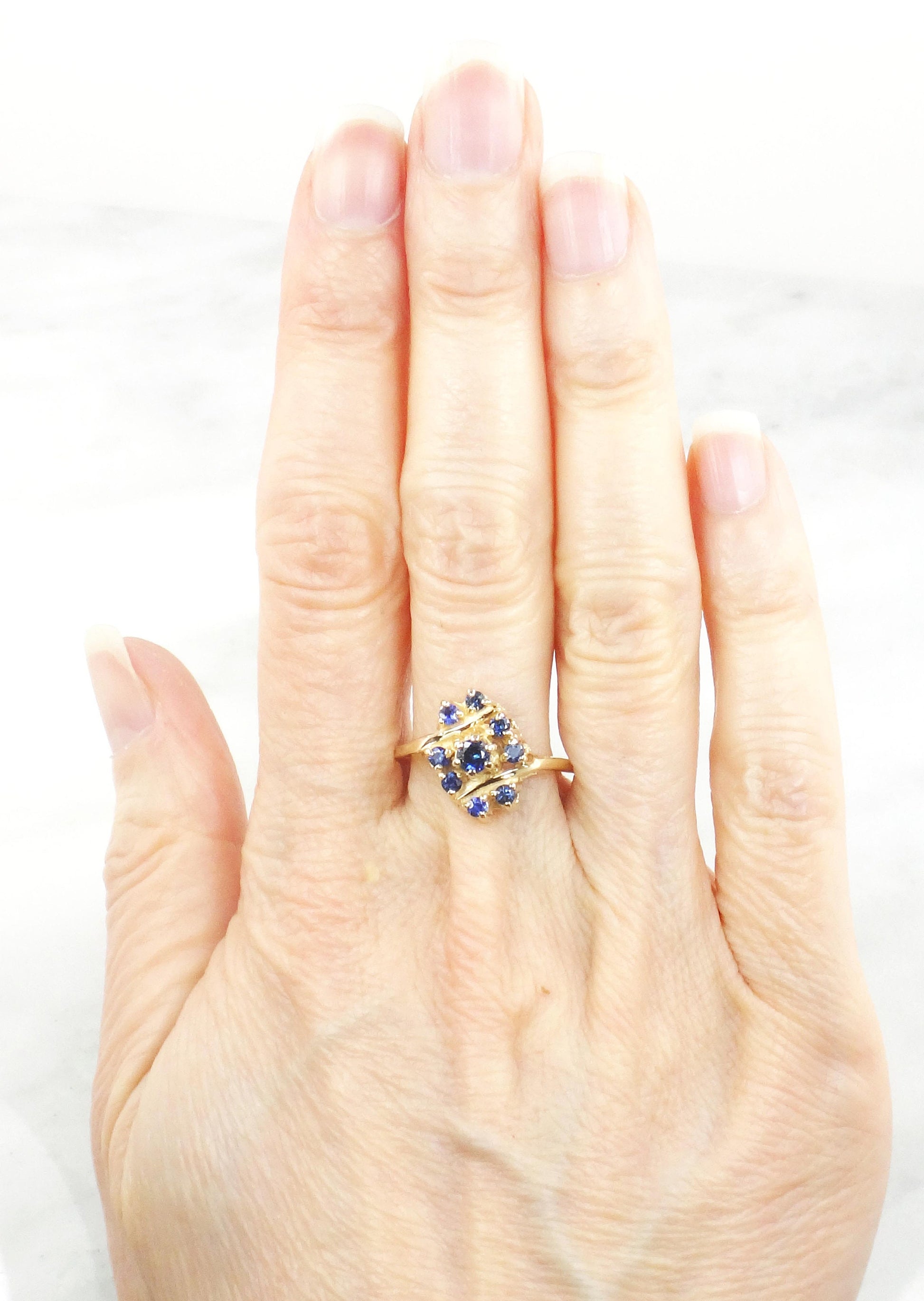 Vintage 14k Yellow Gold London Blue Topaz Cluster Ring - Size 8.5