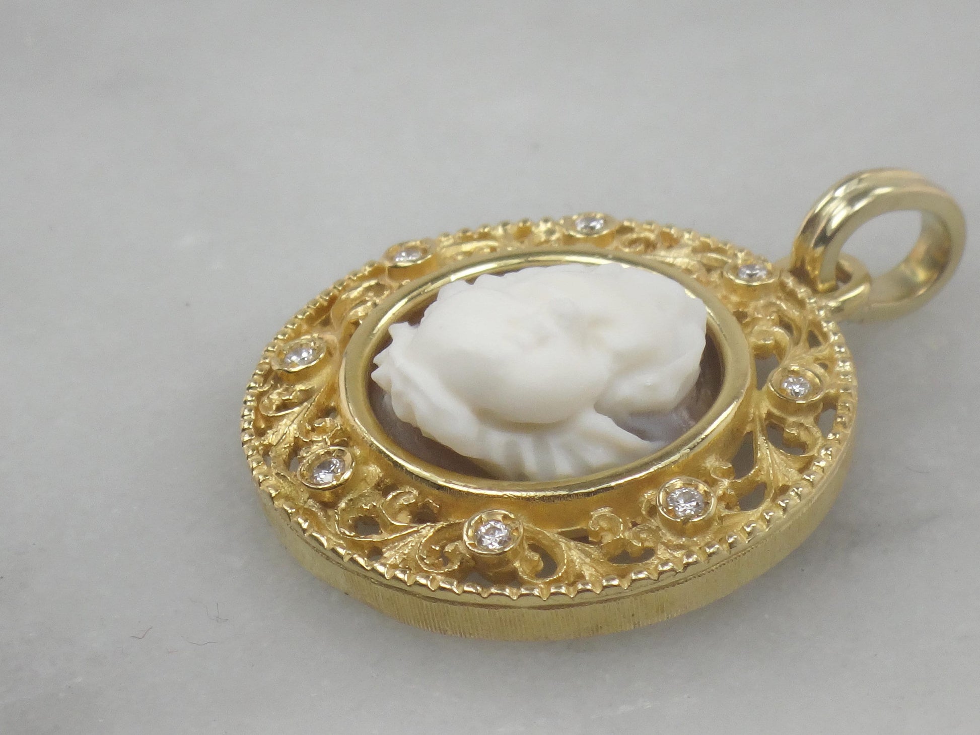 Vintage 18k Yellow Gold Cherub Cameo and Diamond Pendant, Angel Charm