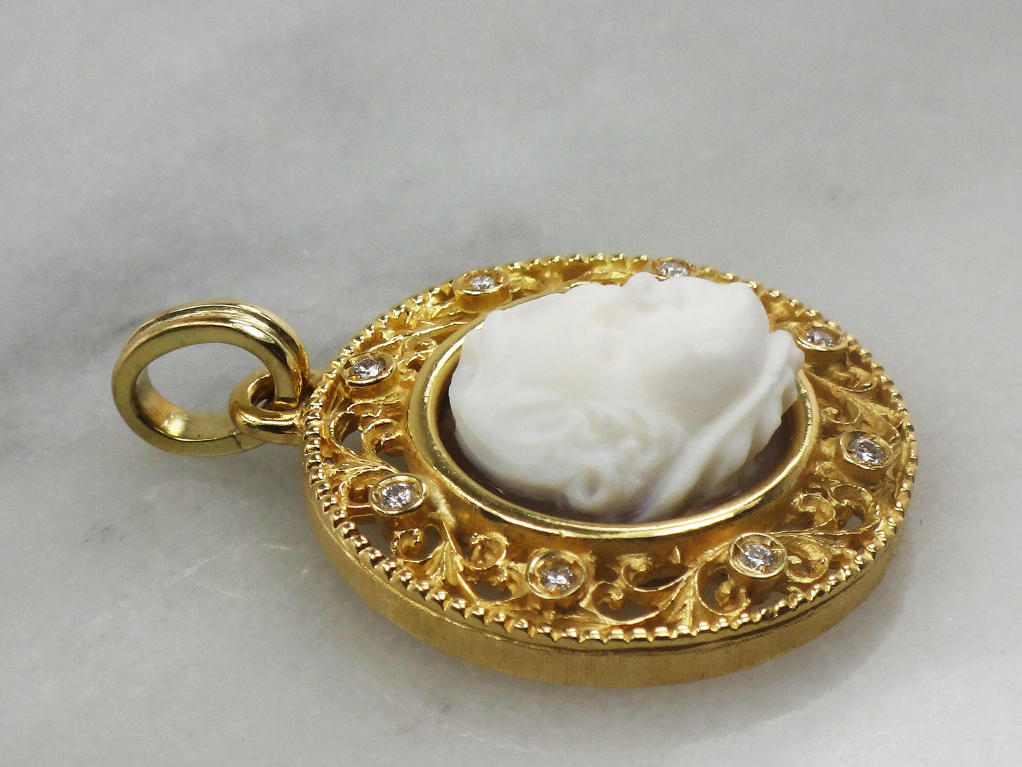Vintage 18k Yellow Gold Cherub Cameo and Diamond Pendant, Angel Charm