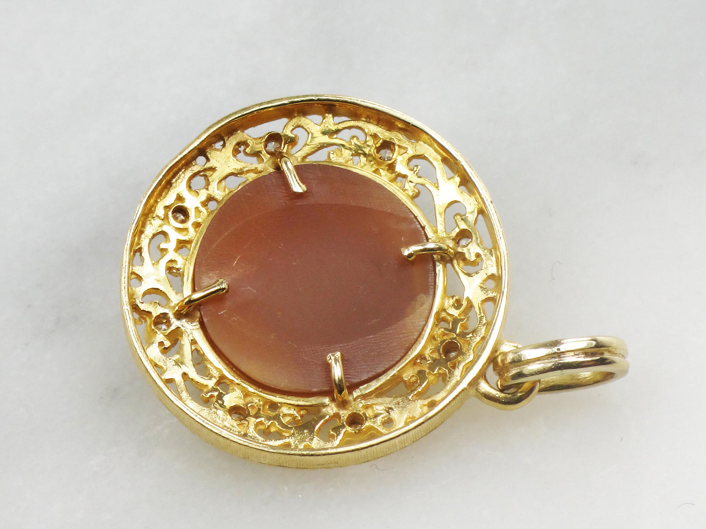 Vintage 18k Yellow Gold Cherub Cameo and Diamond Pendant, Angel Charm