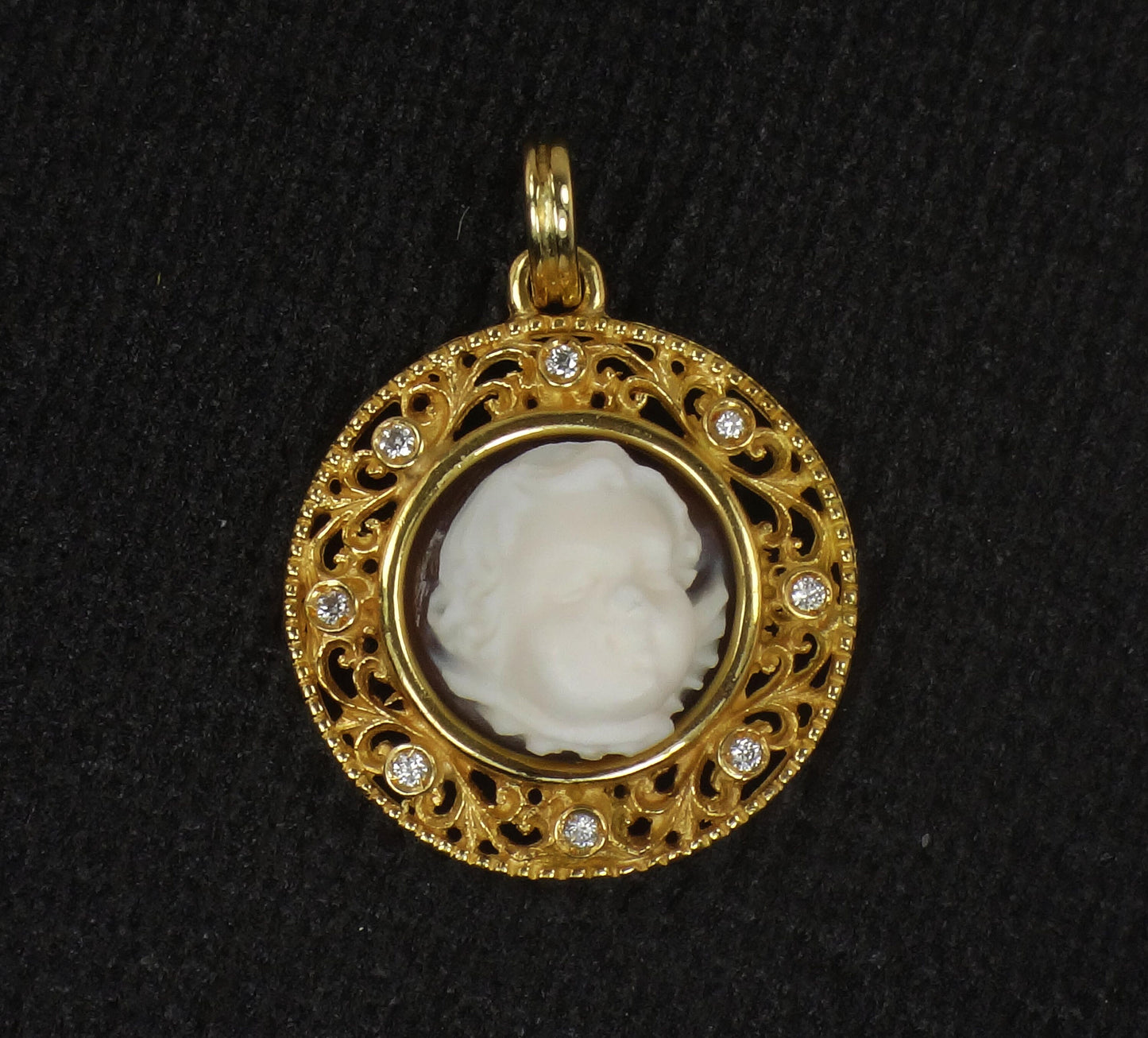 Vintage 18k Yellow Gold Cherub Cameo and Diamond Pendant, Angel Charm