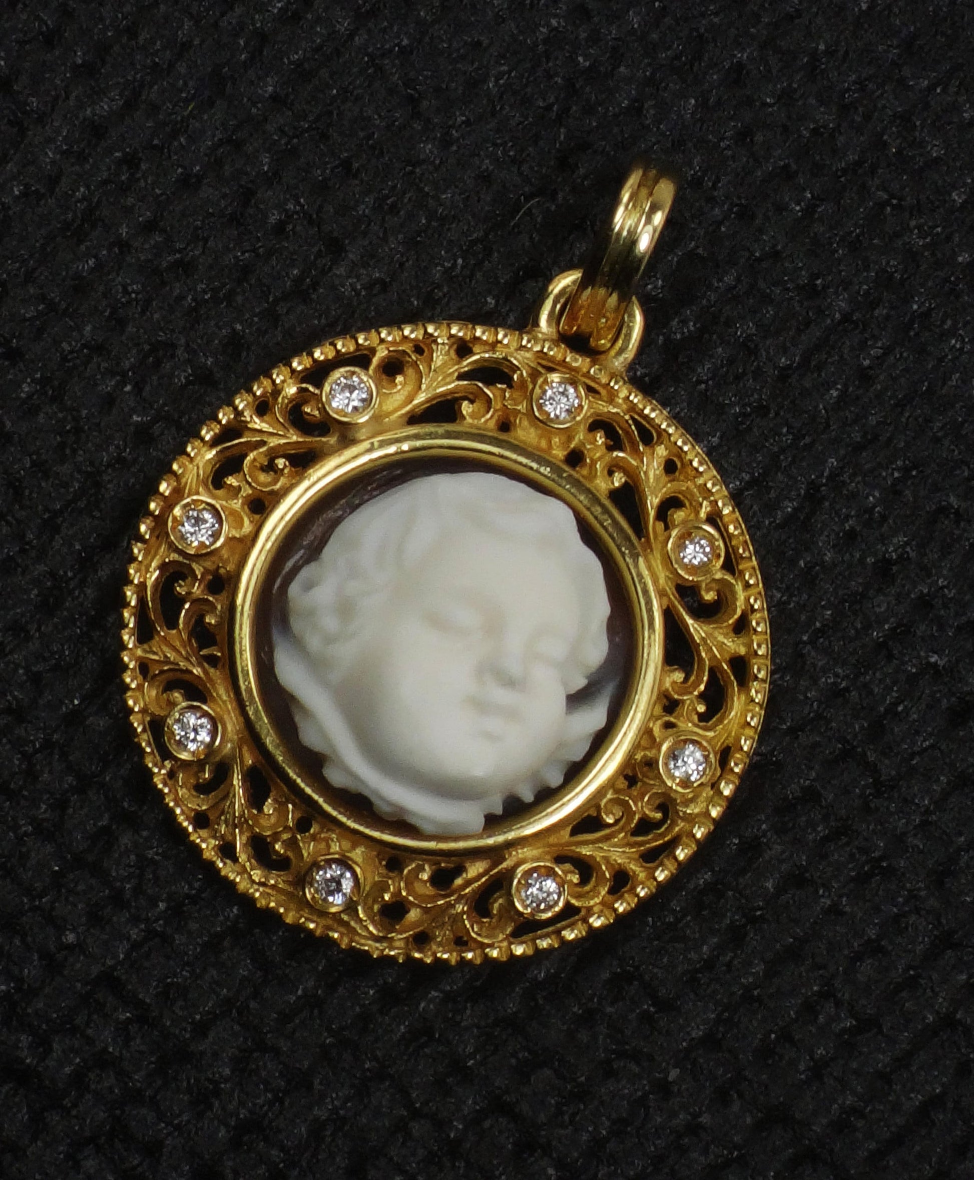 Vintage 18k Yellow Gold Cherub Cameo and Diamond Pendant, Angel Charm