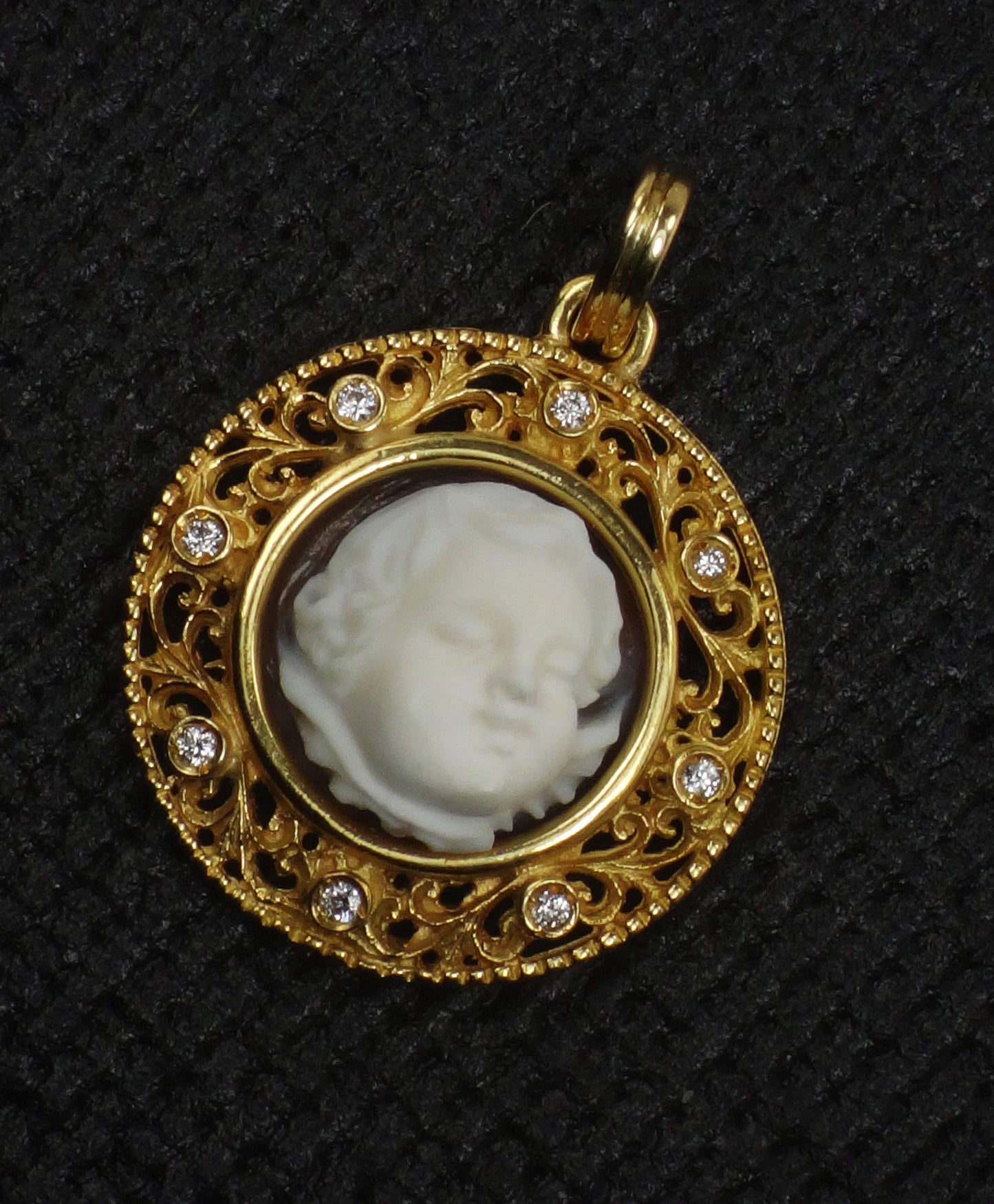 Vintage 18k Yellow Gold Cherub Cameo and Diamond Pendant, Angel Charm