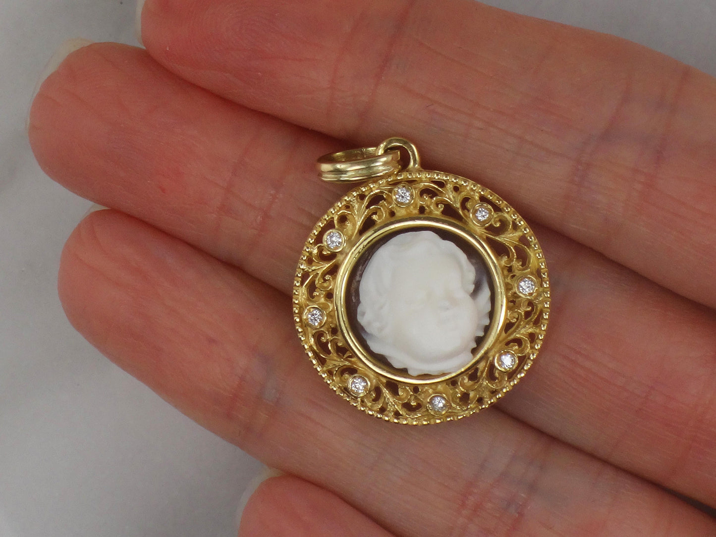 Vintage 18k Yellow Gold Cherub Cameo and Diamond Pendant, Angel Charm