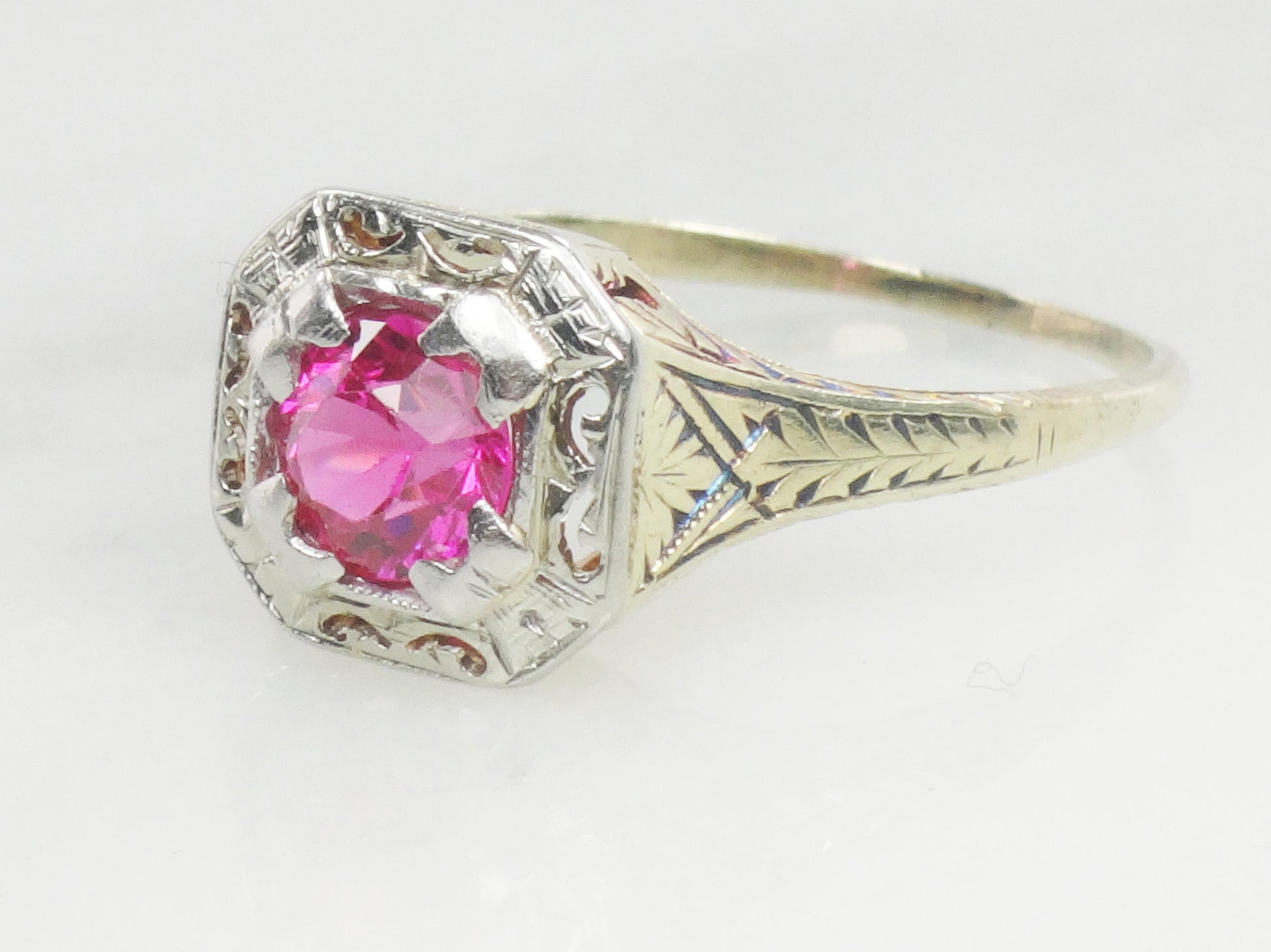 Vintage Art Deco Lab Ruby Ring: Gold & Platinum, Size 8.75