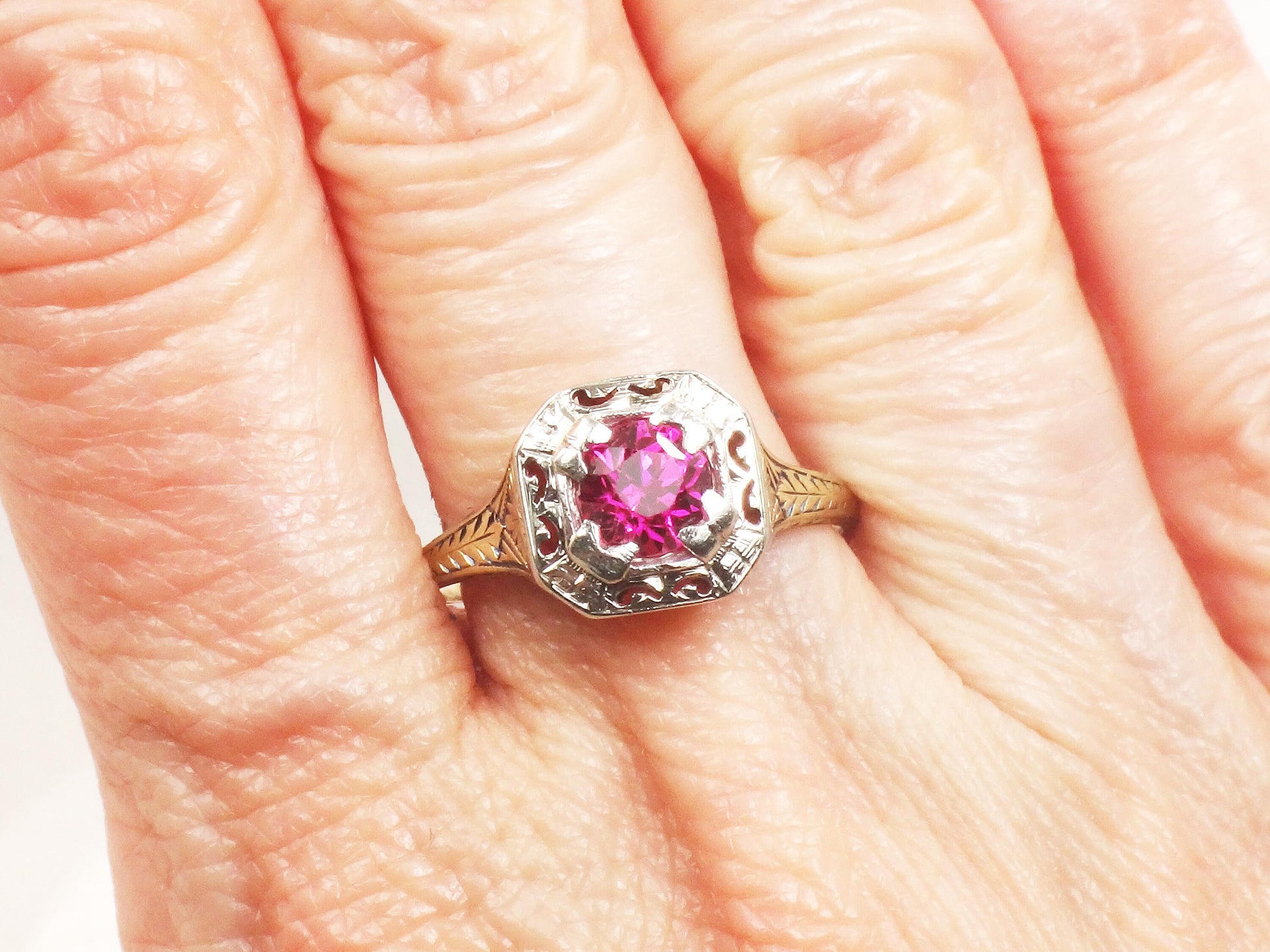 Vintage Art Deco Lab Ruby Ring: Gold & Platinum, Size 8.75