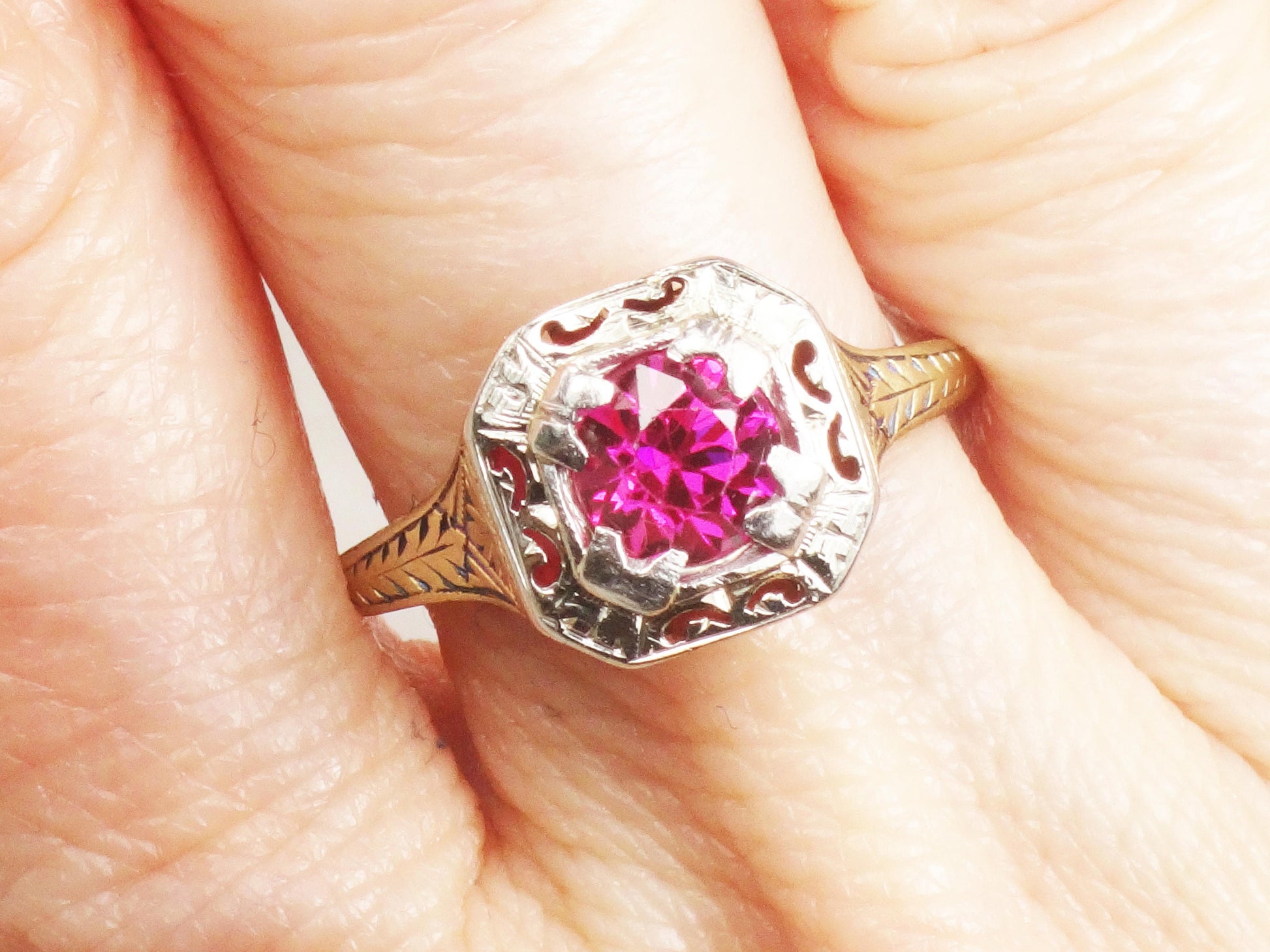 Vintage Art Deco Lab Ruby Ring: Gold & Platinum, Size 8.75