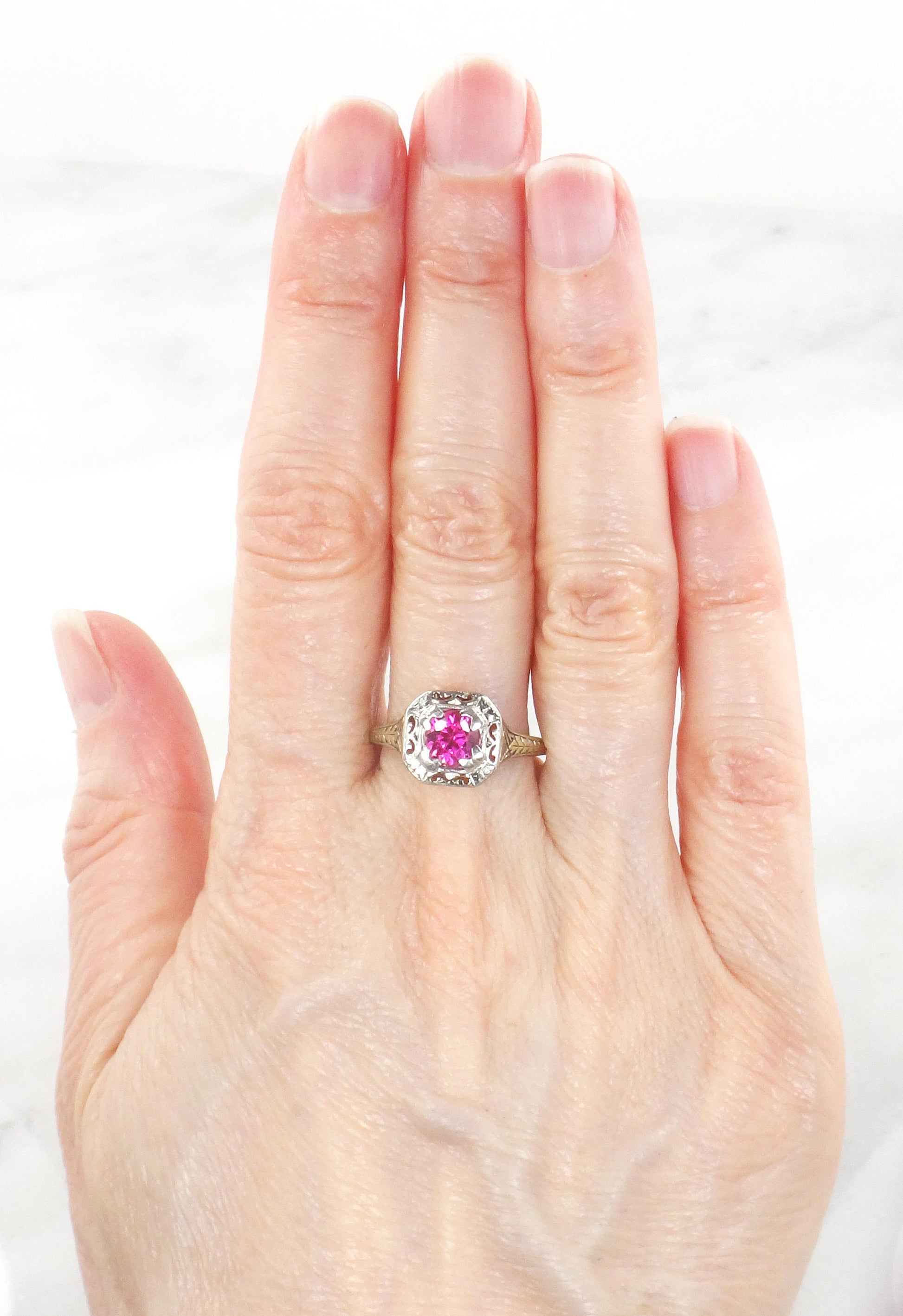 Vintage Art Deco Lab Ruby Ring: Gold & Platinum, Size 8.75
