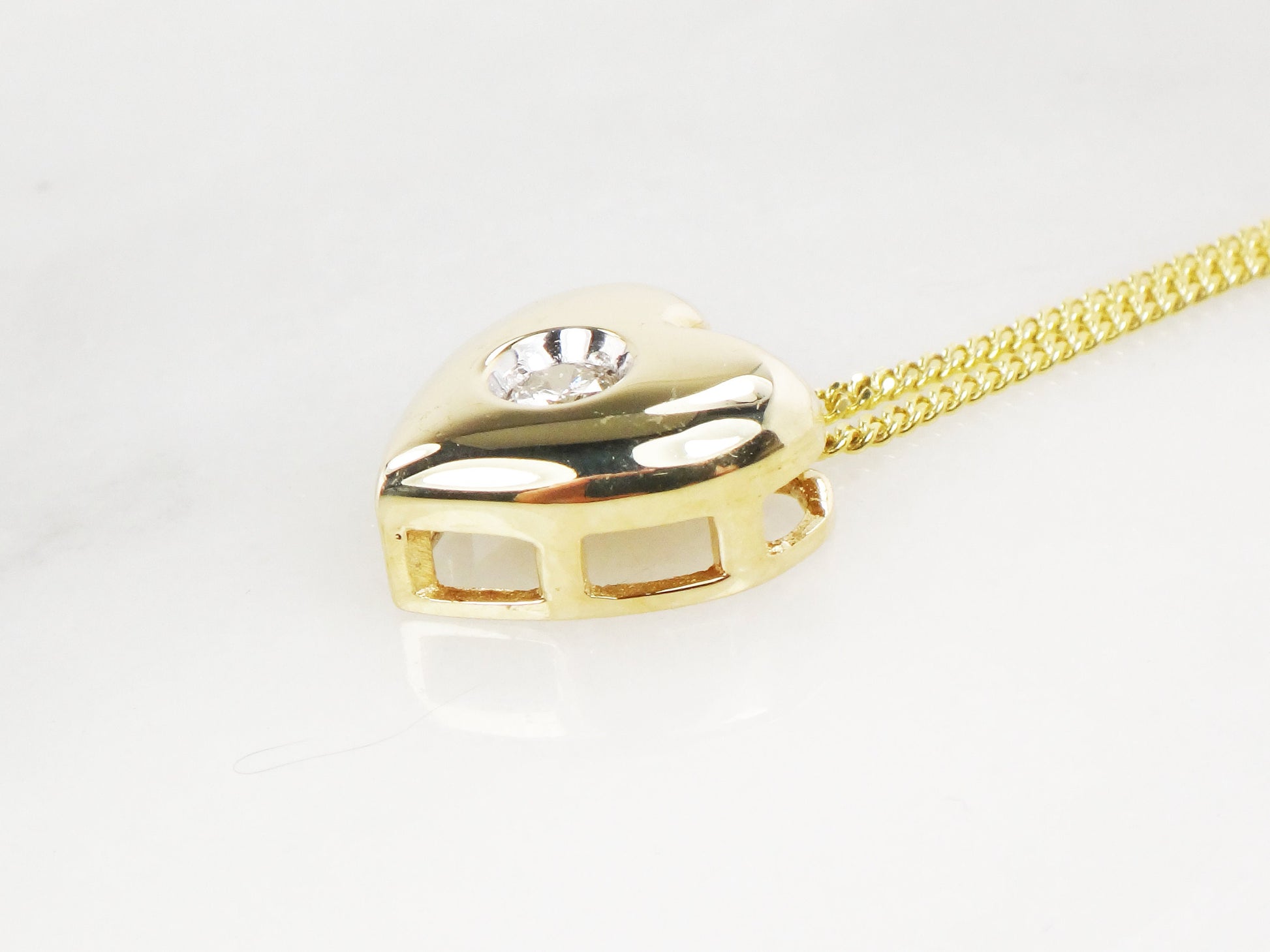 Vintage 14k Yellow Gold Diamond Heart Pendant Necklace, 16" Chain