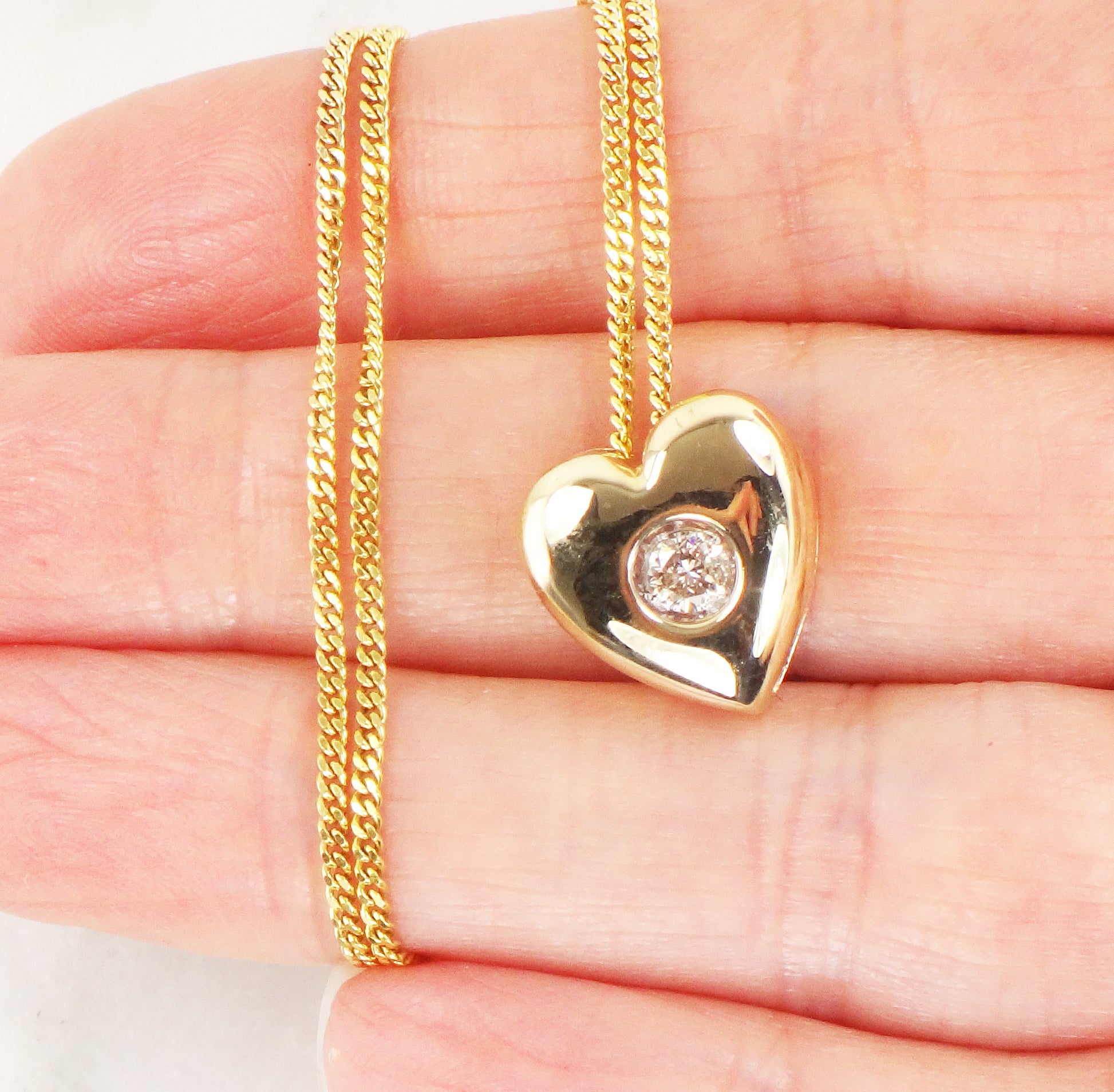 Vintage 14k Yellow Gold Diamond Heart Pendant Necklace, 16" Chain