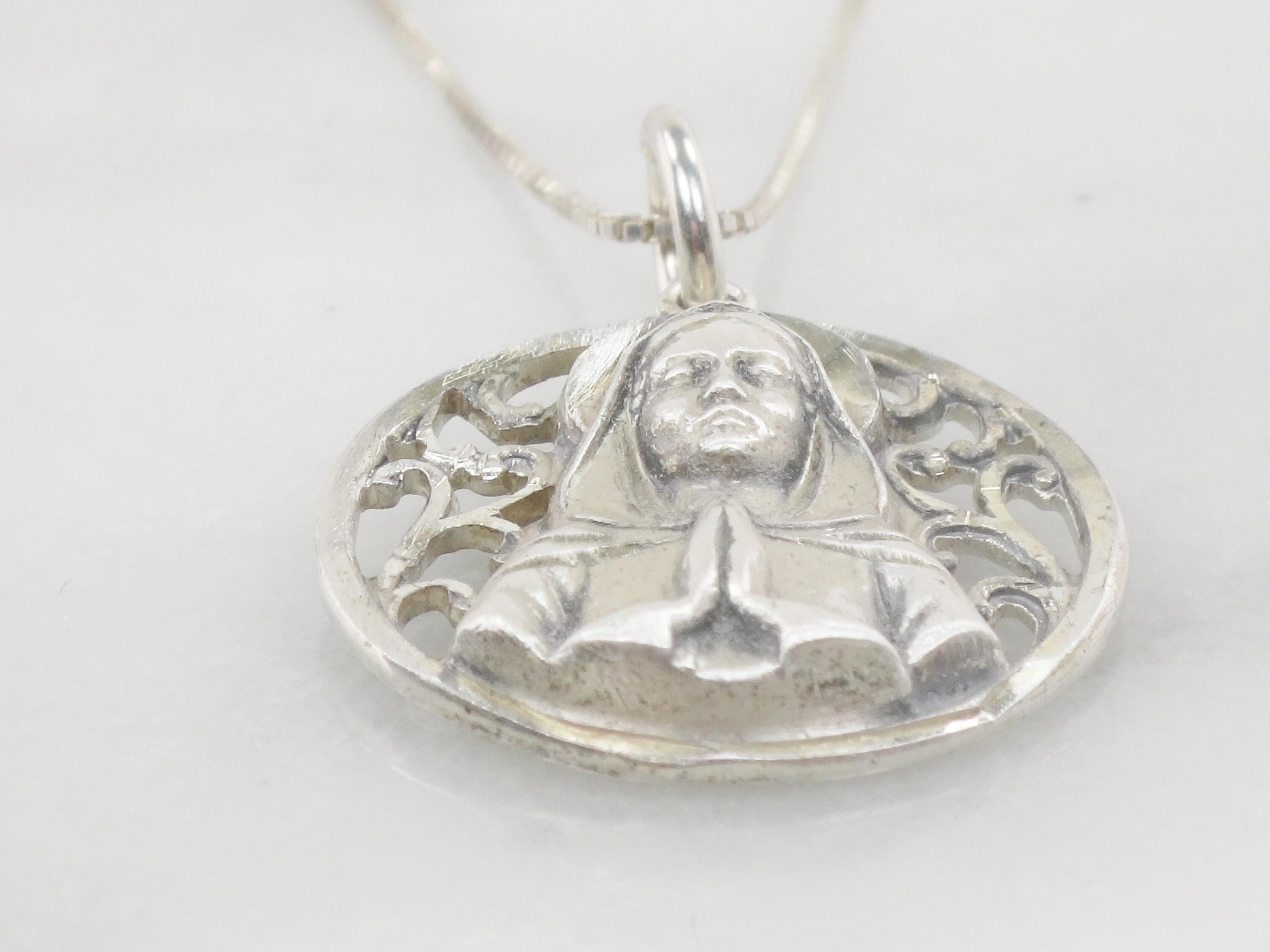 Vintage Sterling Silver Virgin Mary Necklace Mother Mary Pendant - 16.75" Chain