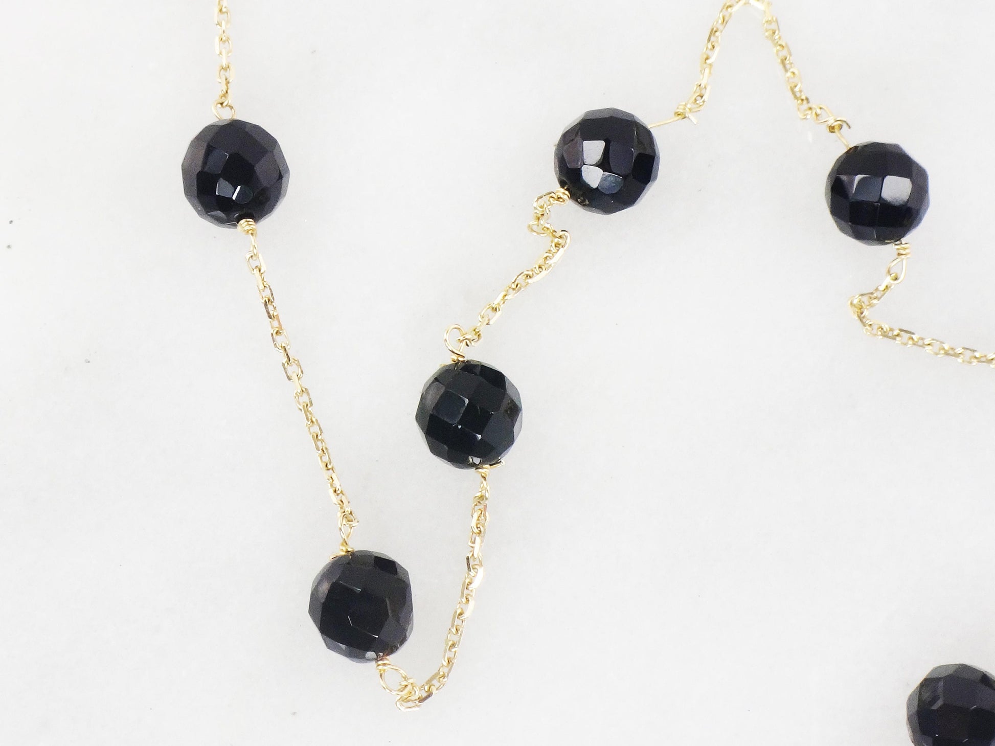 Vintage 14k Yellow Gold Black Onyx Bead and Link Necklace 16" Choker Station Necklace