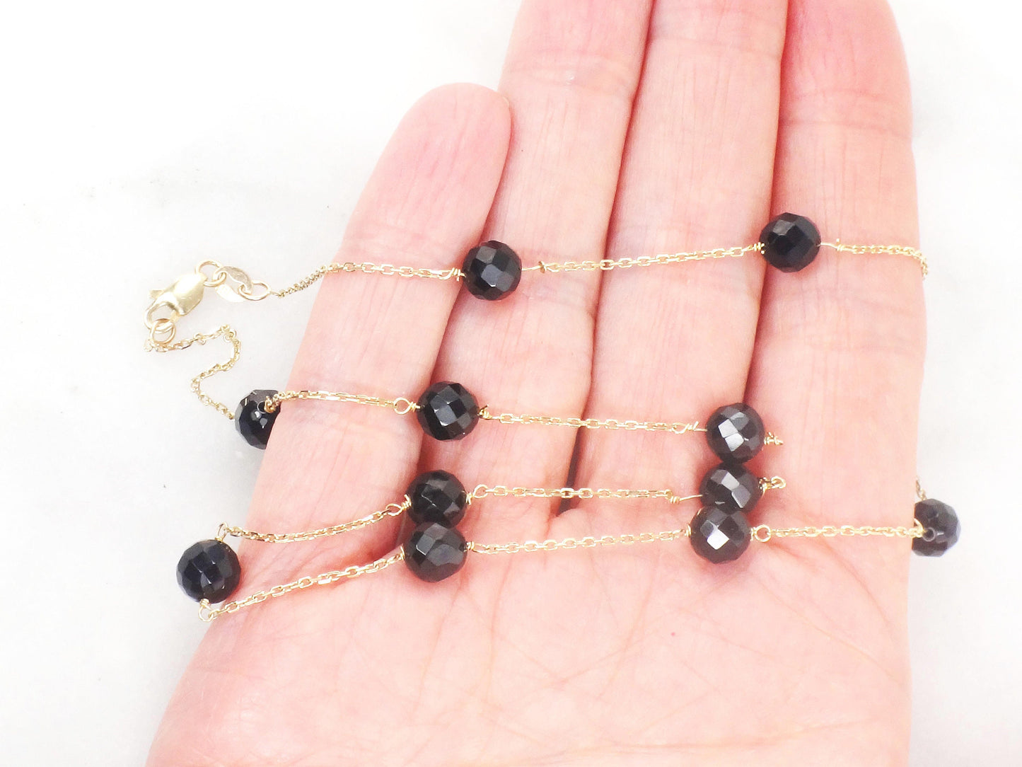 Vintage 14k Yellow Gold Black Onyx Bead and Link Necklace 16" Choker Station Necklace