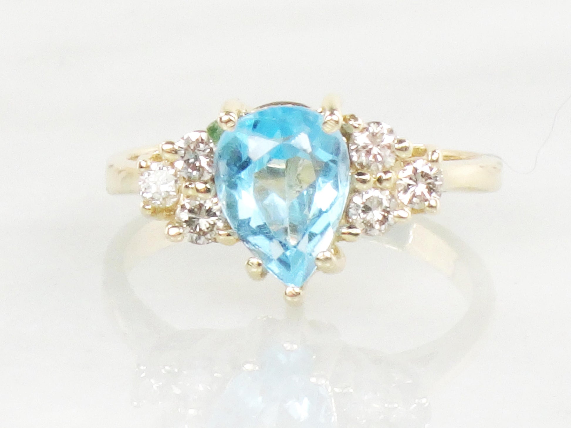 Vintage 14k Yellow Gold Blue Topaz and Natural Diamond Ring, December Birthstone Size 5