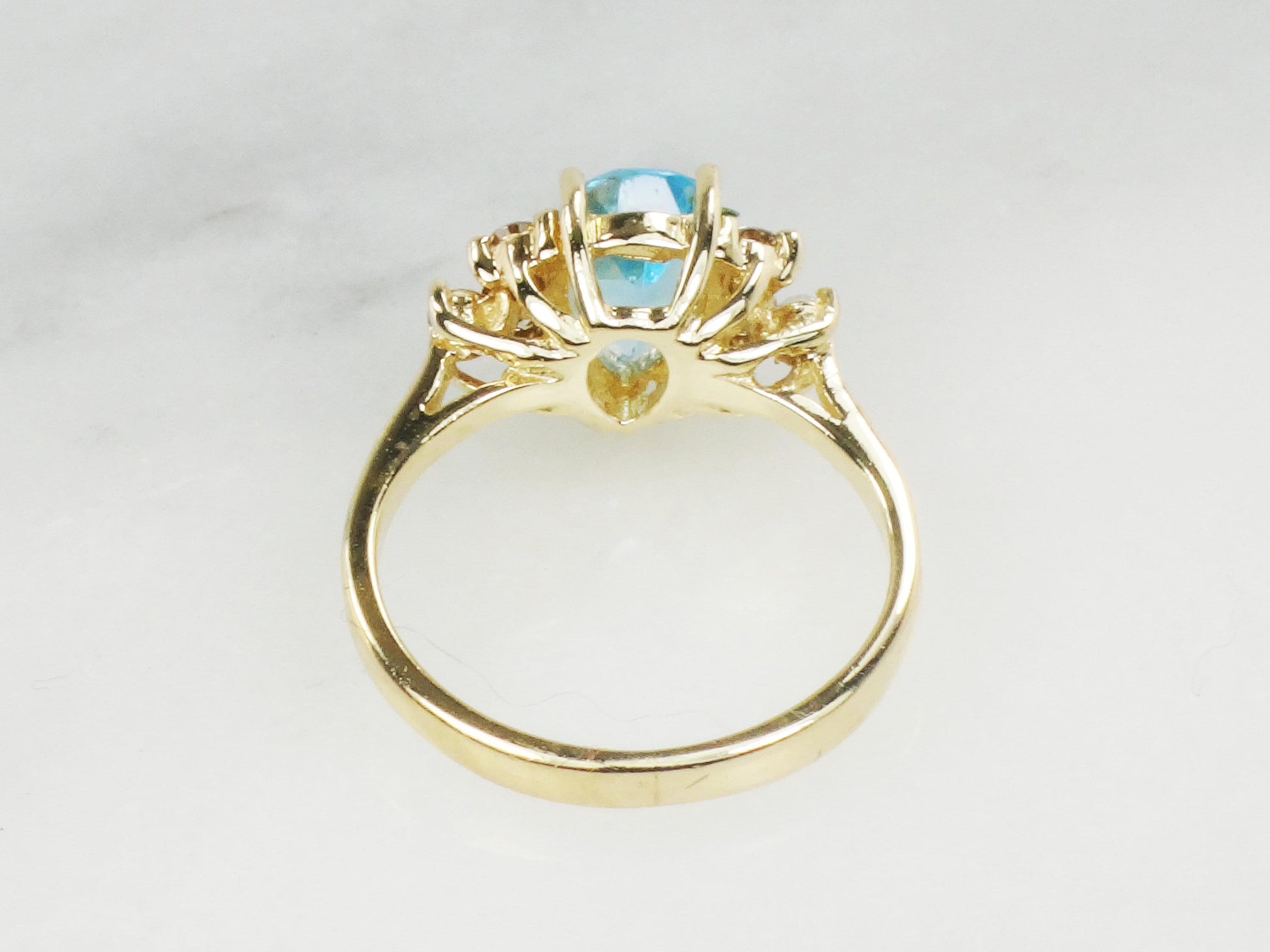 Vintage 14k Yellow Gold Blue Topaz and Natural Diamond Ring, December Birthstone Size 5