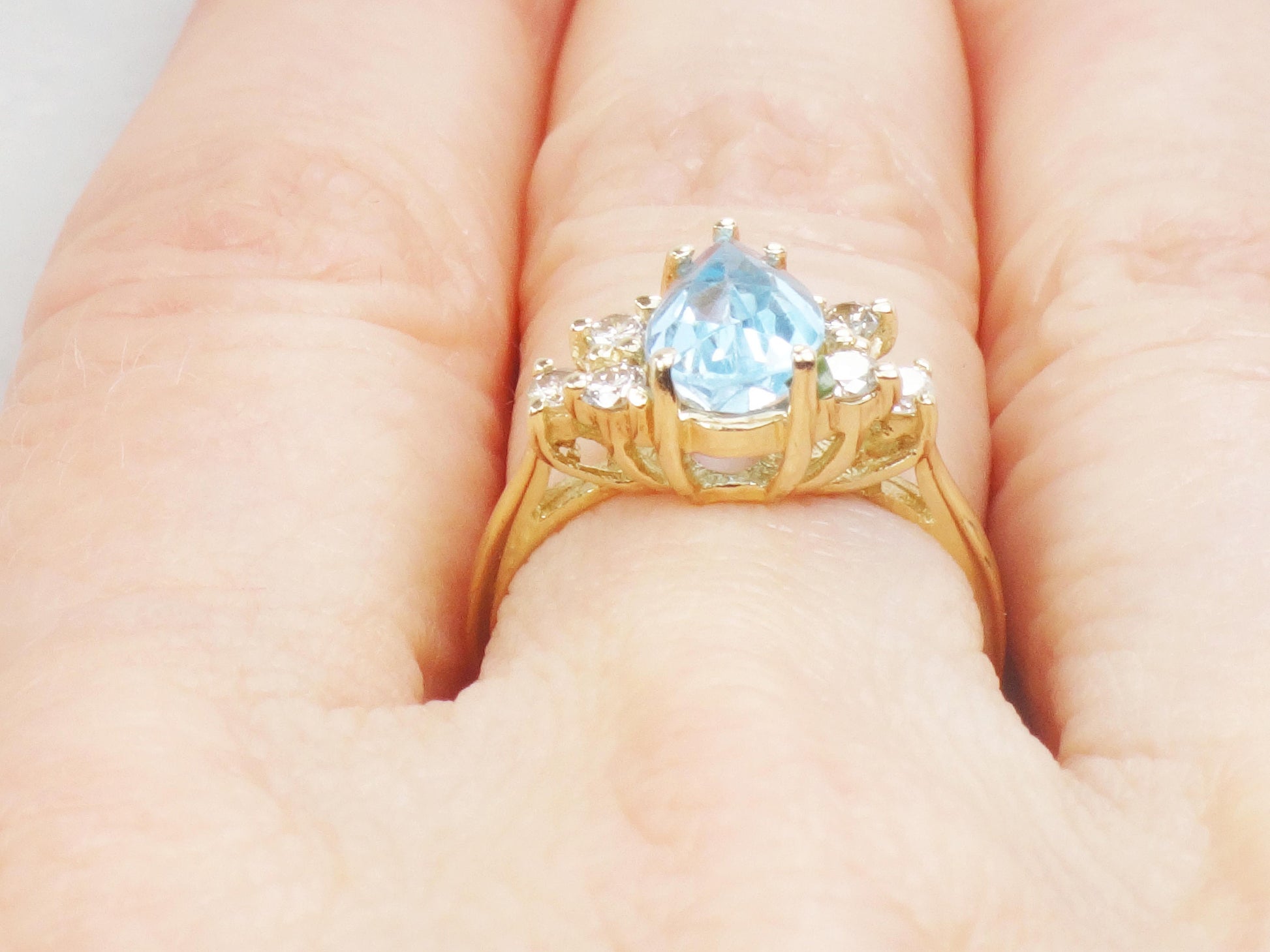 Vintage 14k Yellow Gold Blue Topaz and Natural Diamond Ring, December Birthstone Size 5