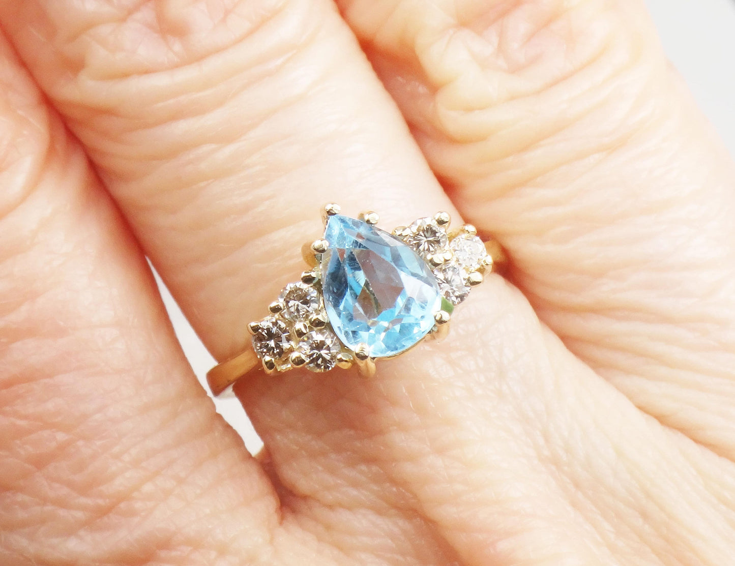 Vintage 14k Yellow Gold Blue Topaz and Natural Diamond Ring, December Birthstone Size 5