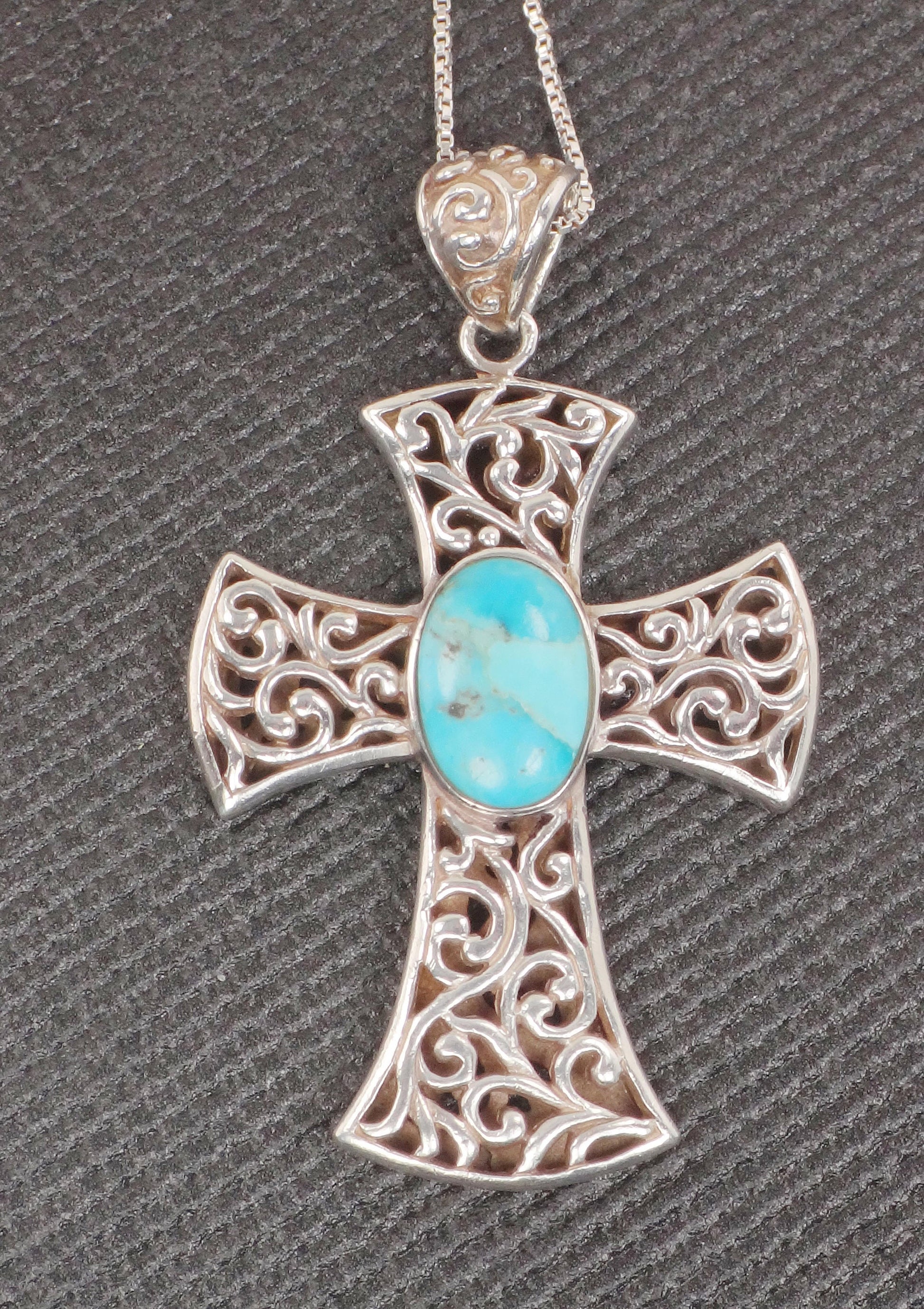 Vintage Sterling Silver Turquoise Cross Pendant Necklace - 18.5" Chain
