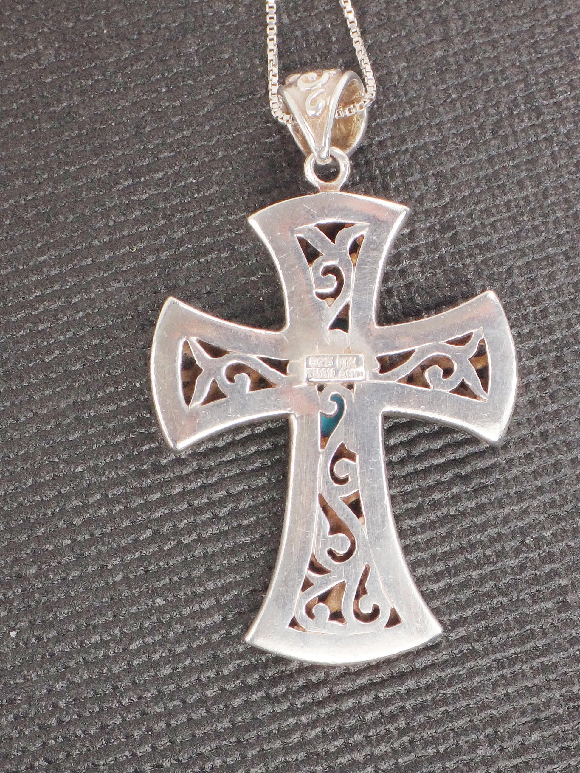 Vintage Sterling Silver Turquoise Cross Pendant Necklace - 18.5" Chain