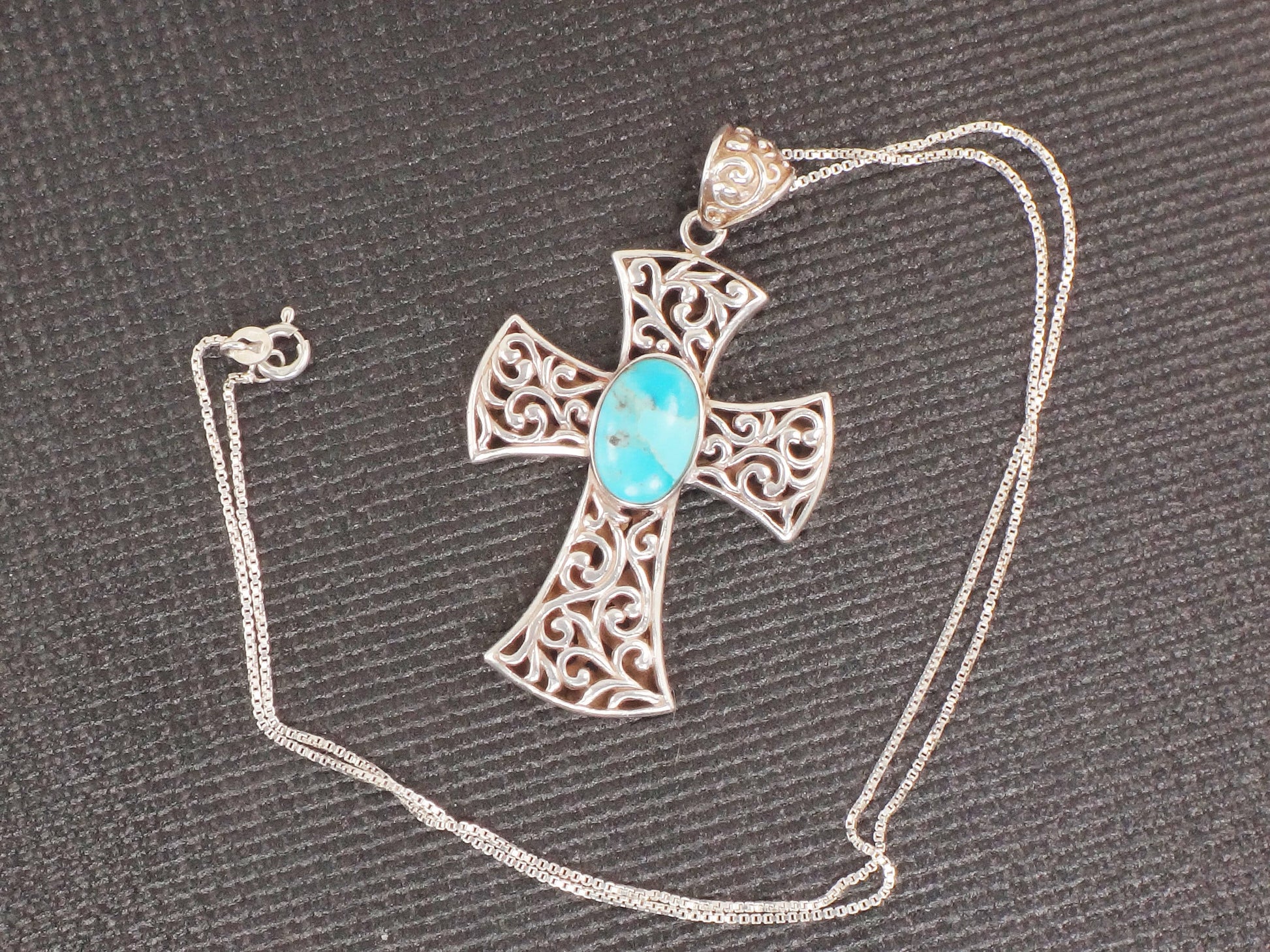 Vintage Sterling Silver Turquoise Cross Pendant Necklace - 18.5" Chain