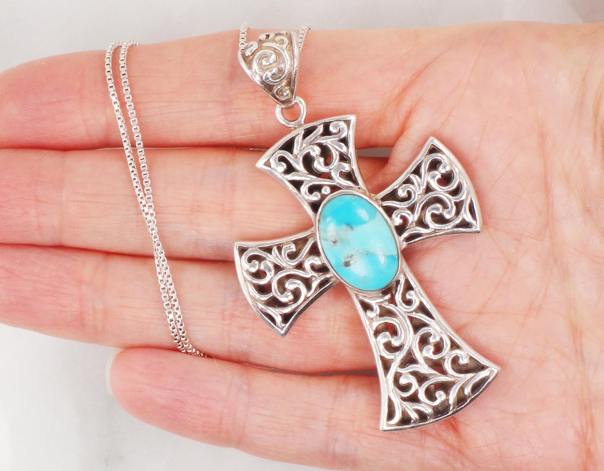 Vintage Sterling Silver Turquoise Cross Pendant Necklace - 18.5" Chain
