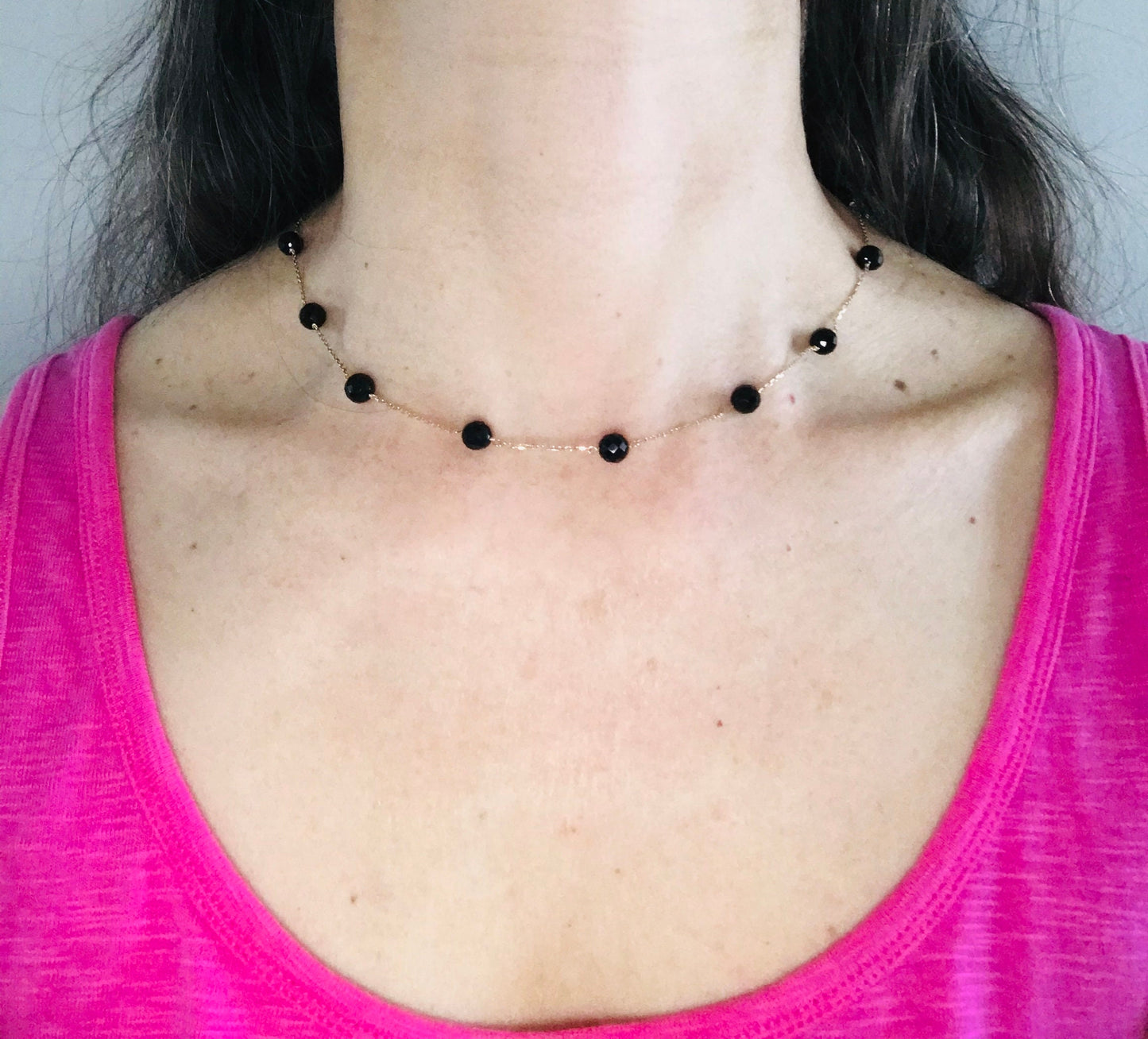 Vintage 14k Yellow Gold Black Onyx Bead and Link Necklace 16" Choker Station Necklace