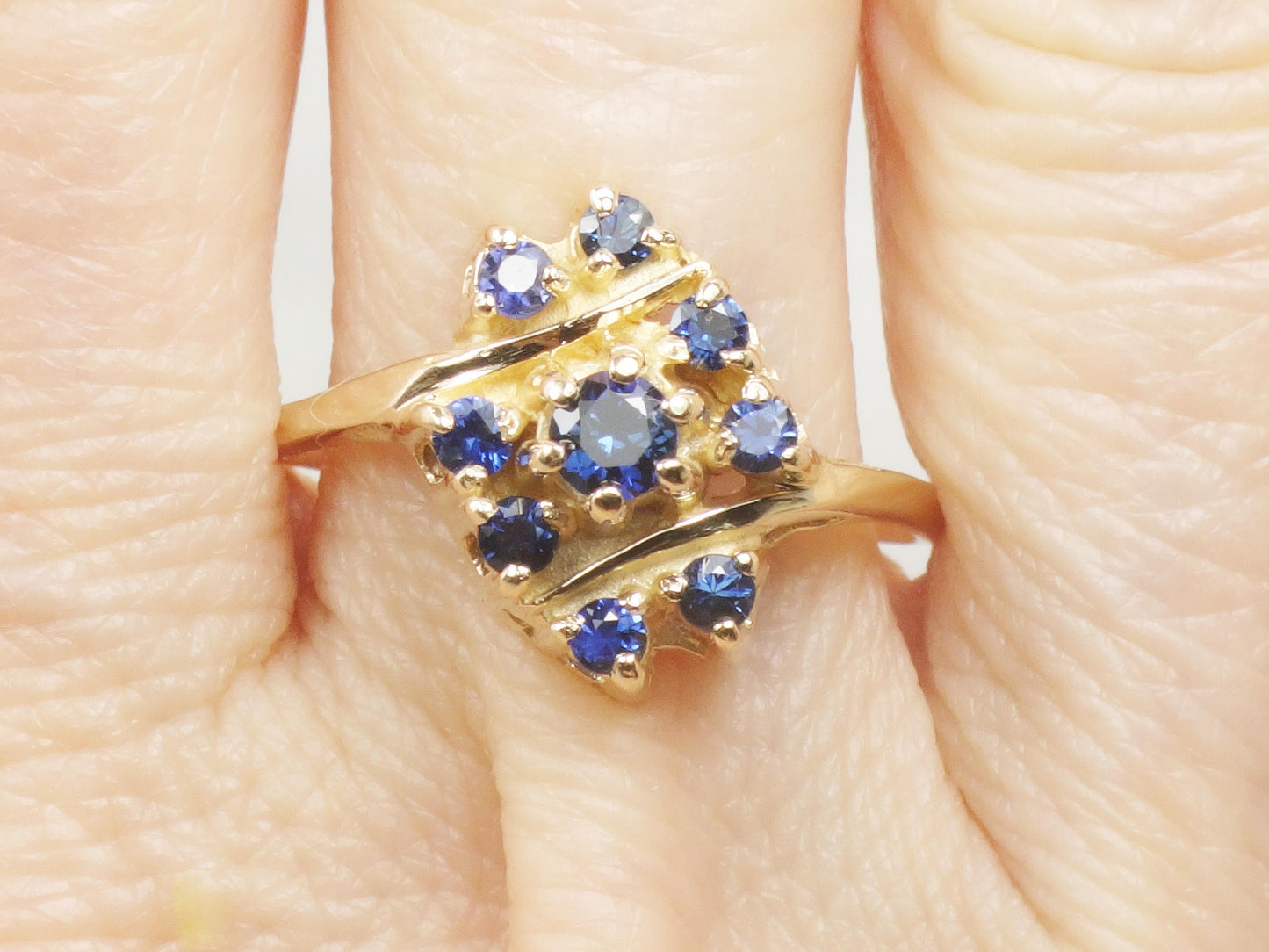 Vintage 14k Yellow Gold Blue Topaz Ring London Blue Topaz Cluster Ring - December Birthstone Right Hand Ring - Size 8.5