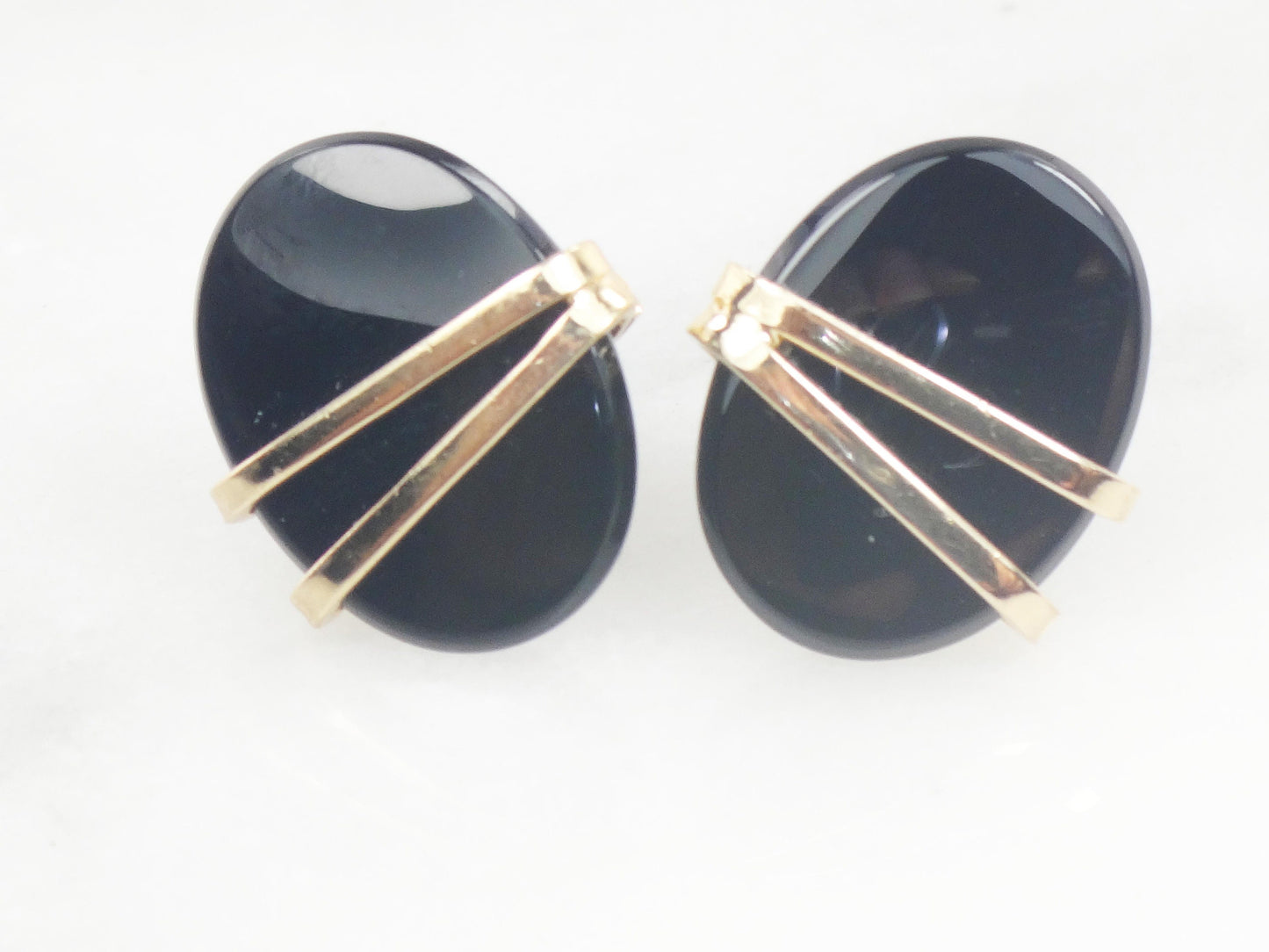 Vintage 14k Yellow Gold Black Onyx Stud Earrings Oval Studs with Post Backs