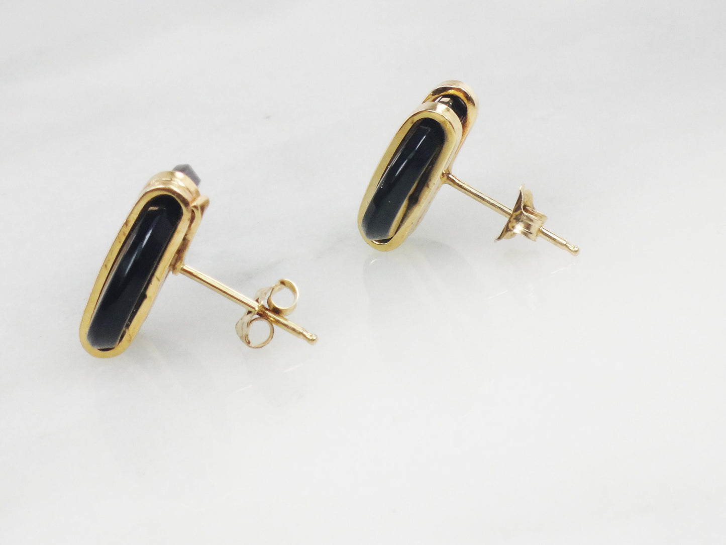 Vintage 14k Yellow Gold Black Onyx Stud Earrings Oval Studs with Post Backs