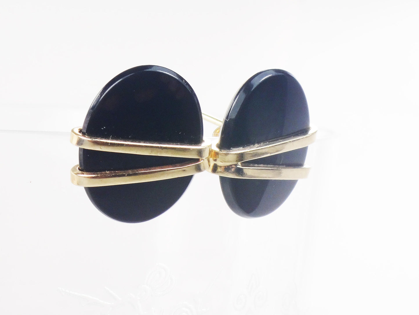 Vintage 14k Yellow Gold Black Onyx Stud Earrings Oval Studs with Post Backs